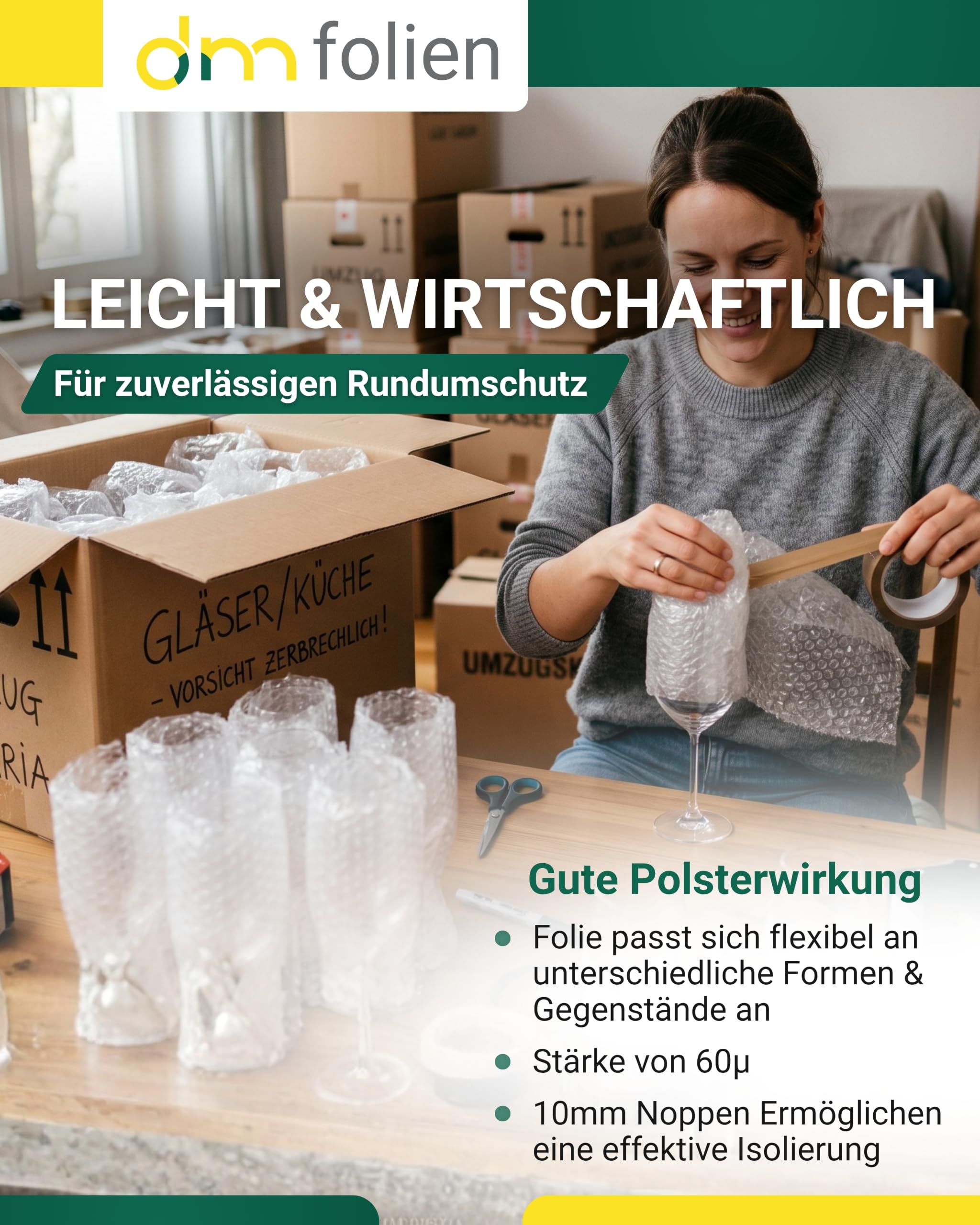 dm-folien Jumborolle Luftpolsterfolie I 1 x 50 m I 10 mm Noppen I 2-lagige, reißfeste & stoßdämpfende Verpackungsfolie I 60 my Noppenfolie für Versand, Umzug & Transportschutz