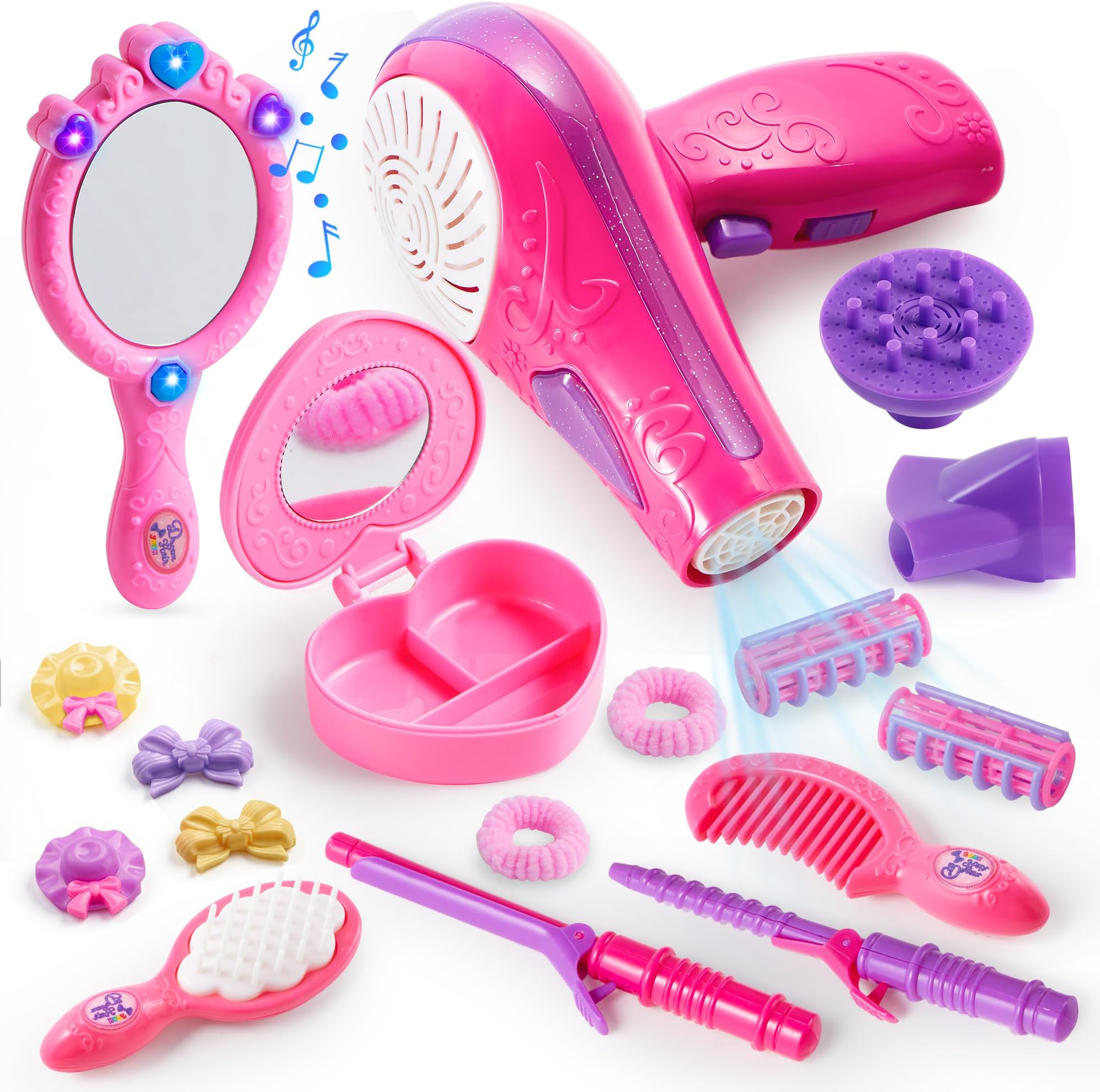 JOYIN 17Pcs Girls Beauty Salon Set, Pretend Role Play Doll Hair Stylist Toy Kit with Hairdryer, Mirror, Curling Iron Accessories, Hair Salon Toys for Girls Easter Basket Stuffers Birthday Gift