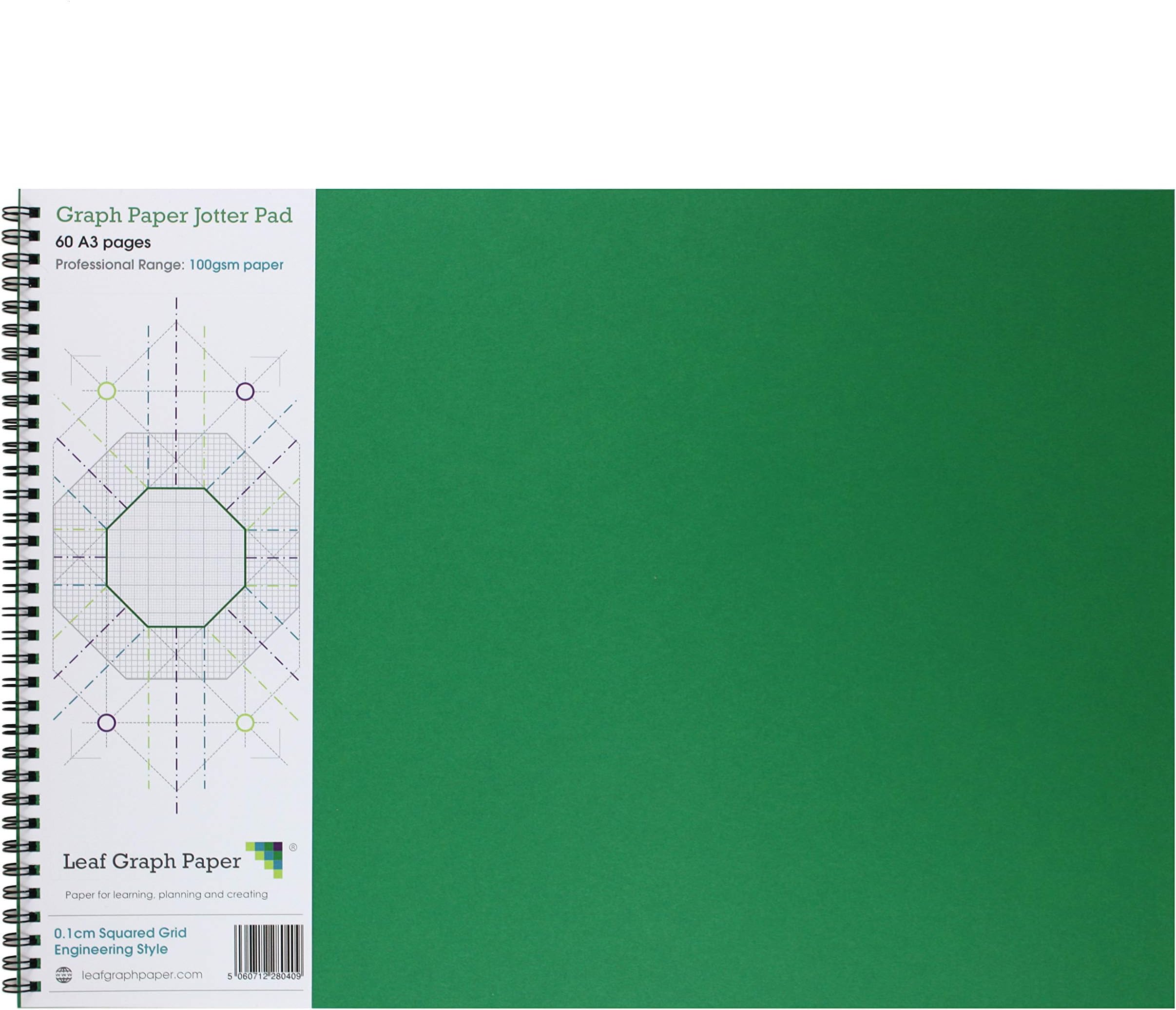 Leaf Graph A3 Graph Paper Notebook, 1mm (0.1cm) Squared Grid, 60-Page Wirebound Engineering Pad for Technical Drawing and Mathematics