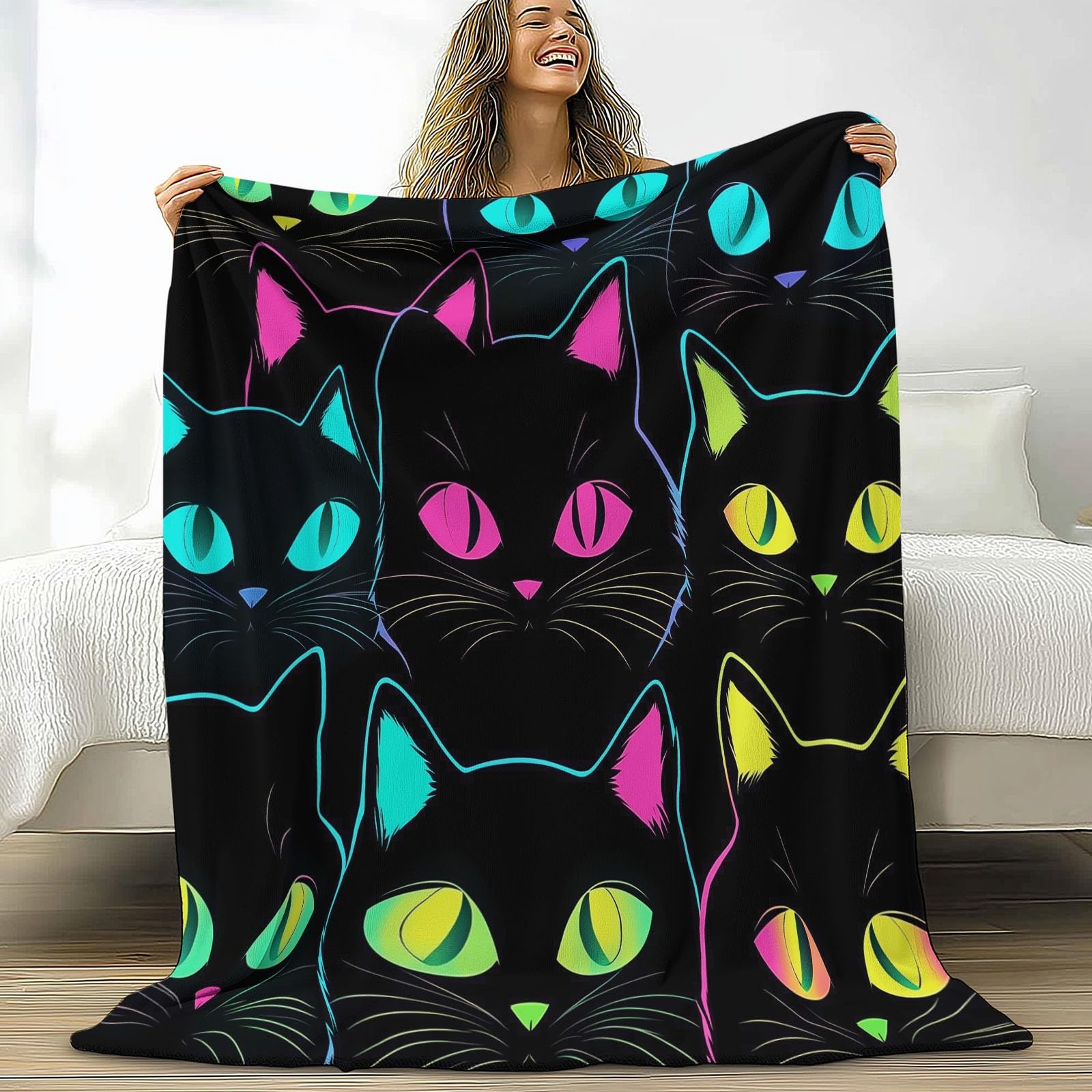 Generico Plaid Coperta Pile Nero Bambini Ragazzi Ragazze Plaid Pile Gatto Al Neon Dei Cartoni Animati Coperte Flanella, 220 x 240 cm Letto e Divano Blanket Peluche Morbida e Calda