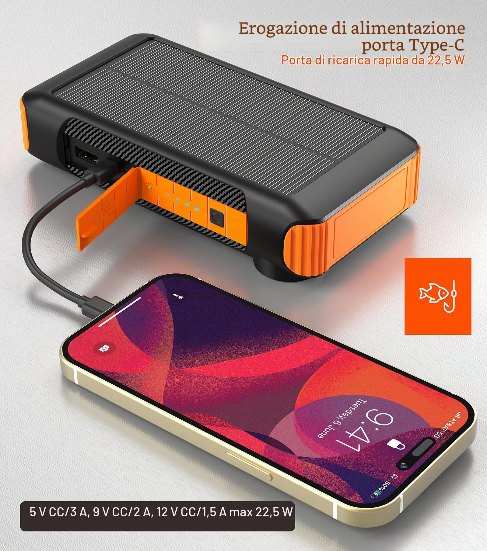 Solar Power Bank 20000 mAh con manovella integrata e 4 cavi 22,5 W ricarica rapida Power Bank 5 uscite e 5 ingressi caricatore portatile solare, SOS/stroboscopio/torce forti, moschettone