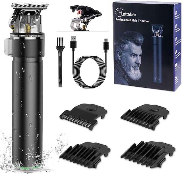 Hatteker Profesjonalna maszynka do strzyżenia włosów, trymer do brody, trymer do brody, trymer do włosów, trymer do włosów, wodoszczelny, do ładowania przez USB, kolor czarny