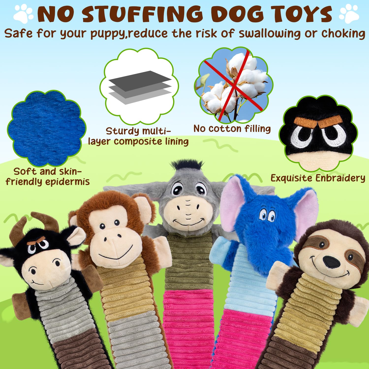 Paquete de 5 juguetes chirriantes para perros sin relleno, masticables para perros con arrugas y chirriantes, lindo peluche de animal para mantenerlos ocupados, adecuados para masticadores