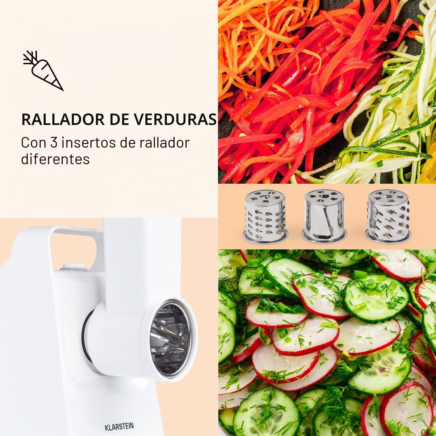 Klarstein Mighty Mince - Rallador eléctrico, Cortador de verduras eléctrico con potencia de 500-1361 W, Espiralizador de verduras con accesorios para salchichas, albóndigas y puré, Con asas, Blanco