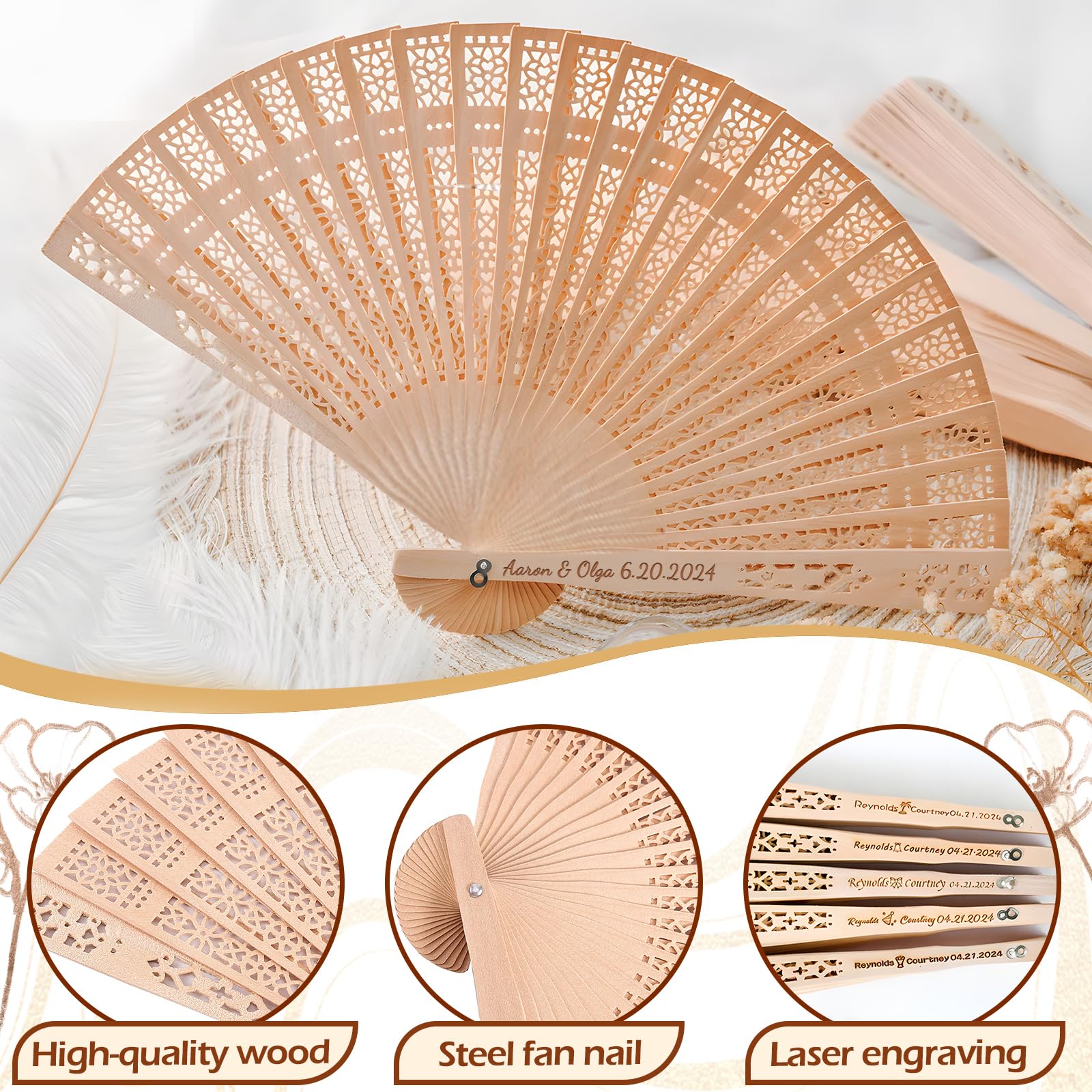 Lot de 100 Éventails Personnalisables en Bois pour Invités de Mariage, Personnalisé Cadeau EVJF & Décoration EVJF, Idéal pour Mariage et Fête d' Été