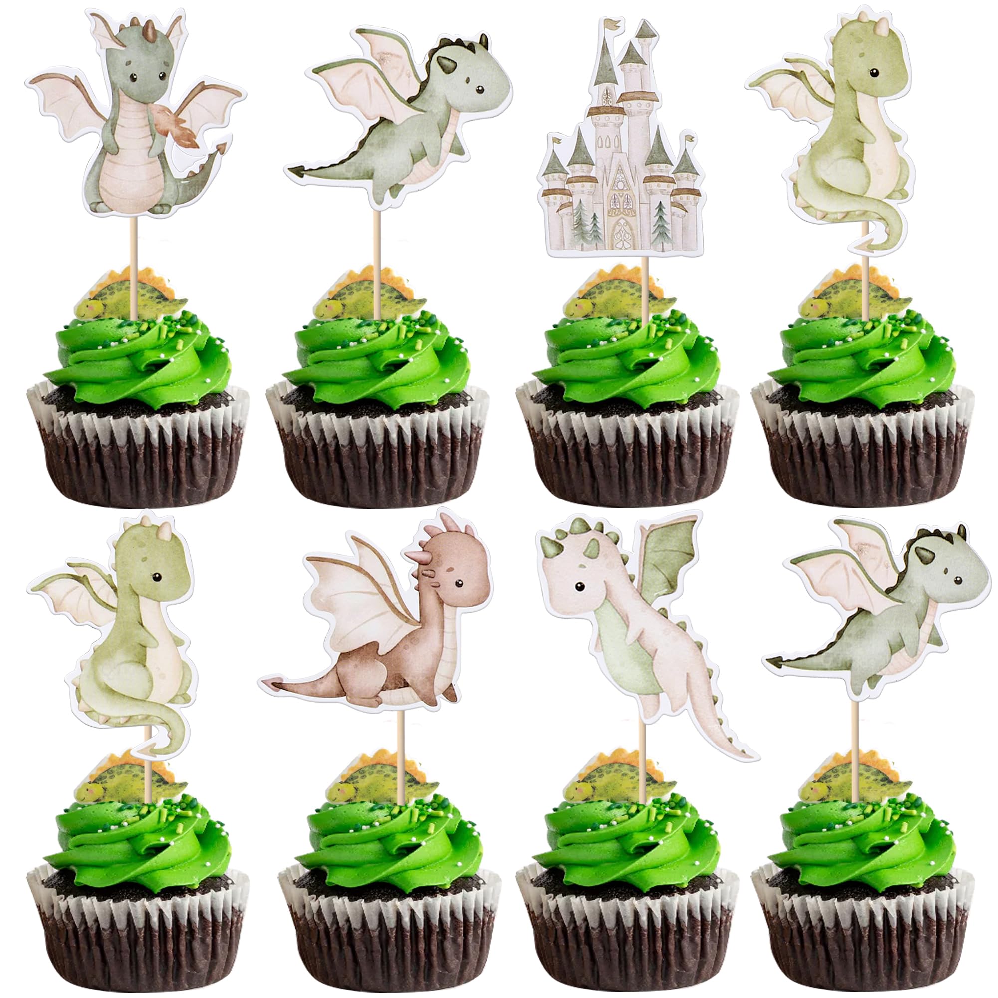 Rsstarxi 36 Pack Dragon Cupcake Toppers, Dragon Baby Shower Decorations Castle Baby Dragon Cupcake Picks Decoration for Dragon Theme Kids Birthday