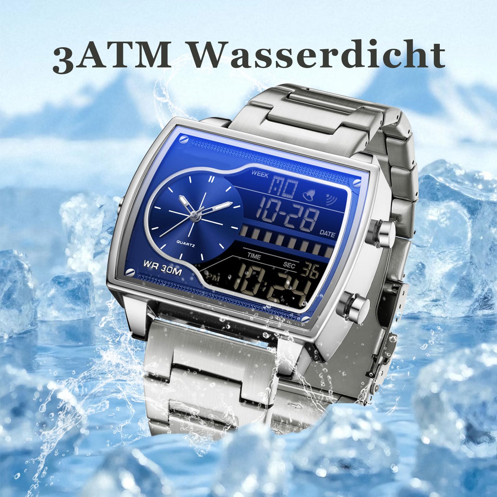 findtime Herrenuhr Rechteckig Retro Luxuriöse Armbanduhr Herren Digital Analog Quarz Klassische Business Leger DREI Zeitzone Wasserdicht Beleuchted Große Zifferblatt für Männer Gold