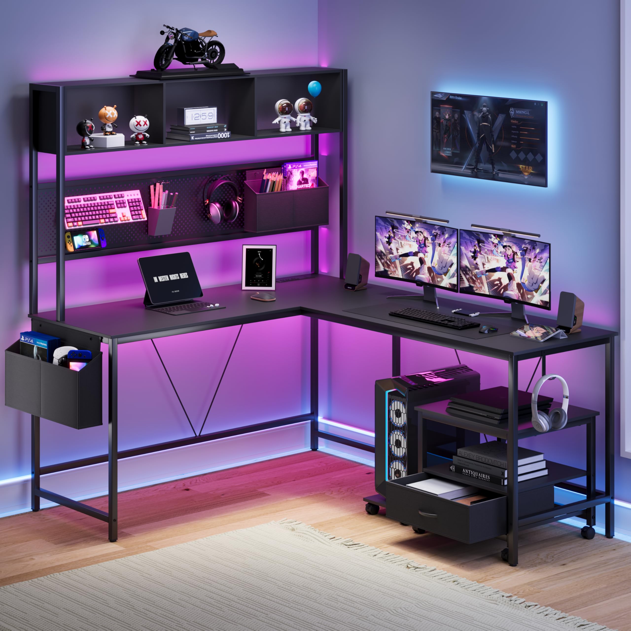 Dowinx L Shaped Desk with Pegboard and Removable Filing Cabinet, Reversible 67” Computer Gaming Desk with Power Outlet and Led, Office Corner Desk with Storage for Home Game, Black