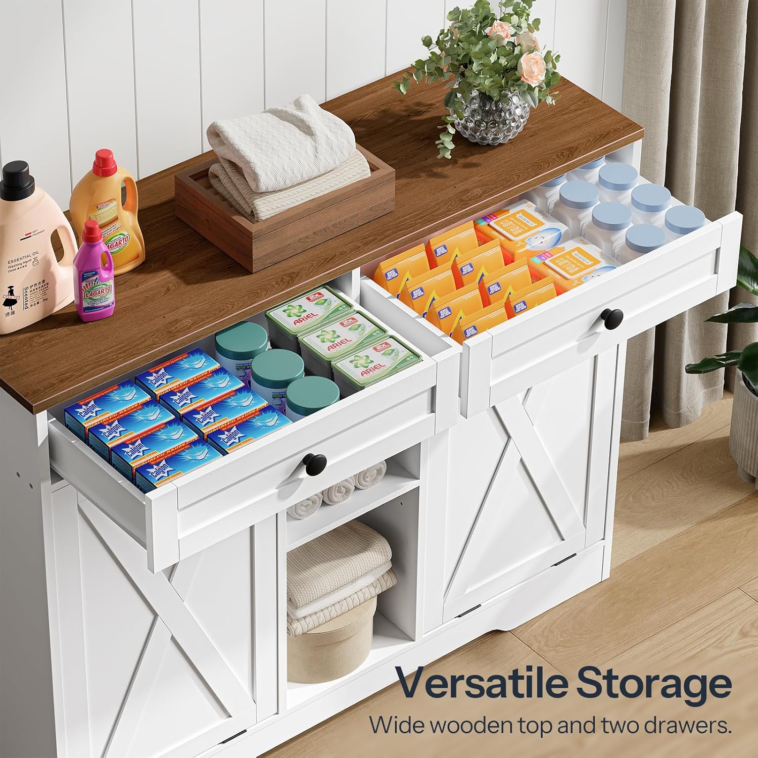 tilt out laundry hamper cabinet showing internal baskets and shelving layout