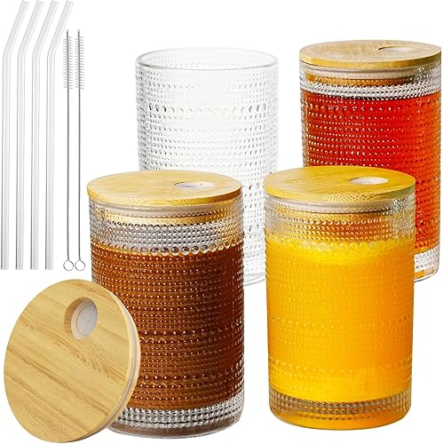 Miniatura 12 de Juego de 2 vasos de vidrio de 16 onzas, vasos de vidrio floral en relieve vintage, tazas de café helado con tapa, para whisky, cóctel, cerveza