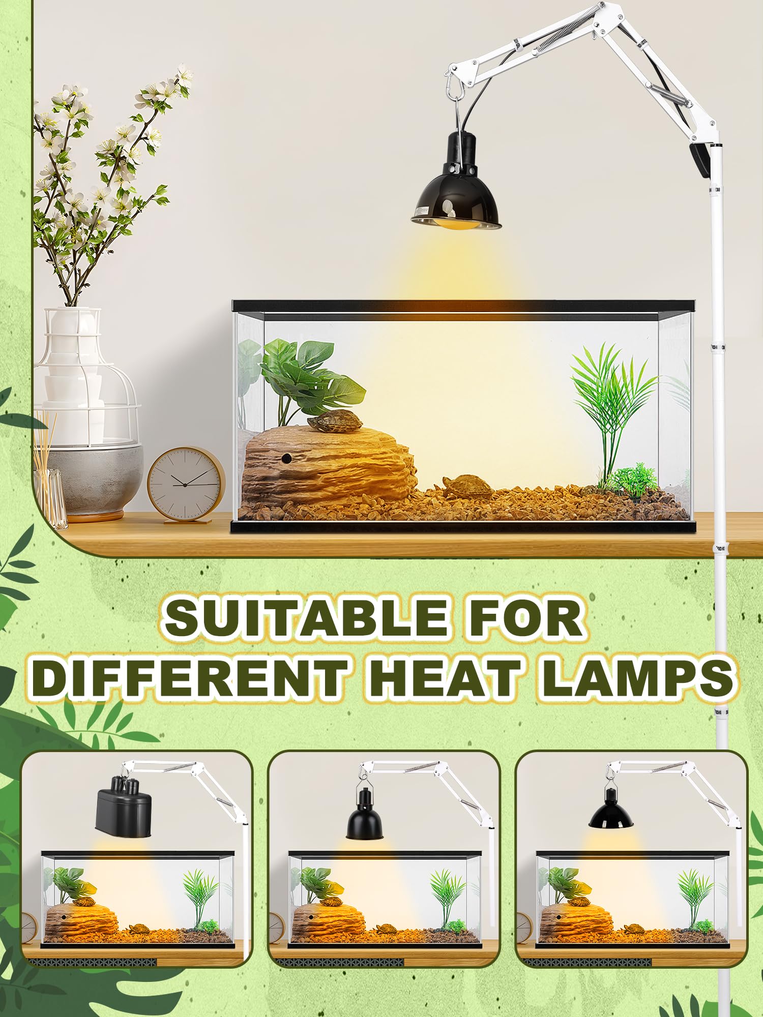 Soporte para lámpara de reptil, soporte de lámpara de calor (15.7 a 74.3 pulgadas) con brazo oscilante ajustable de 360° para terrario, soporte de lámpara de calor de reptiles para dragones