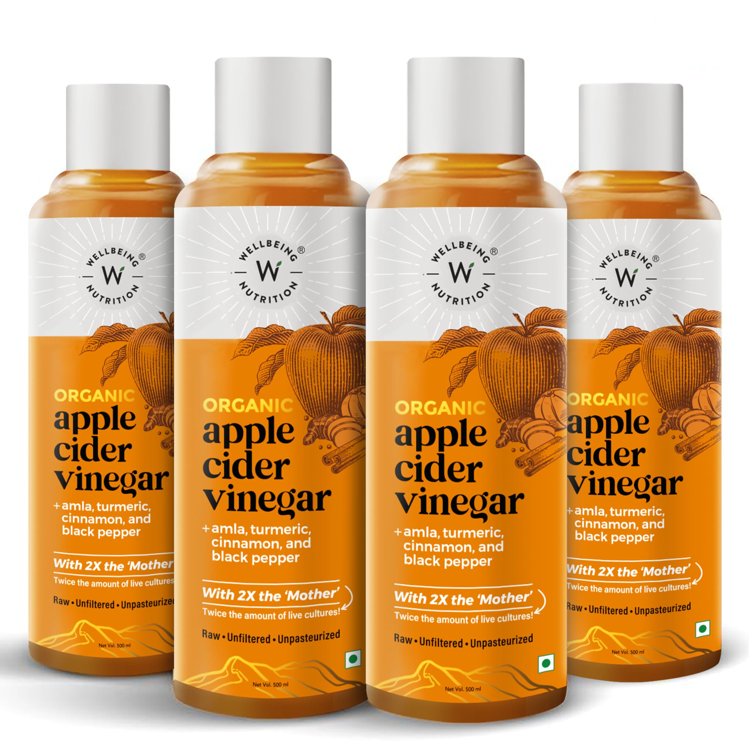 Wellbeing Nutrition Apple Cider Vinegar with Turmeric, Amla, Cinnamon and Black Pepper | Raw Unfiltered with 2X The Mother | Weight Management, Boost Immunity & Detox, Skin Health | 500ml - Pack of 4 (B08T7RWBJT) Amazon Price History, Amazon Price Tracker