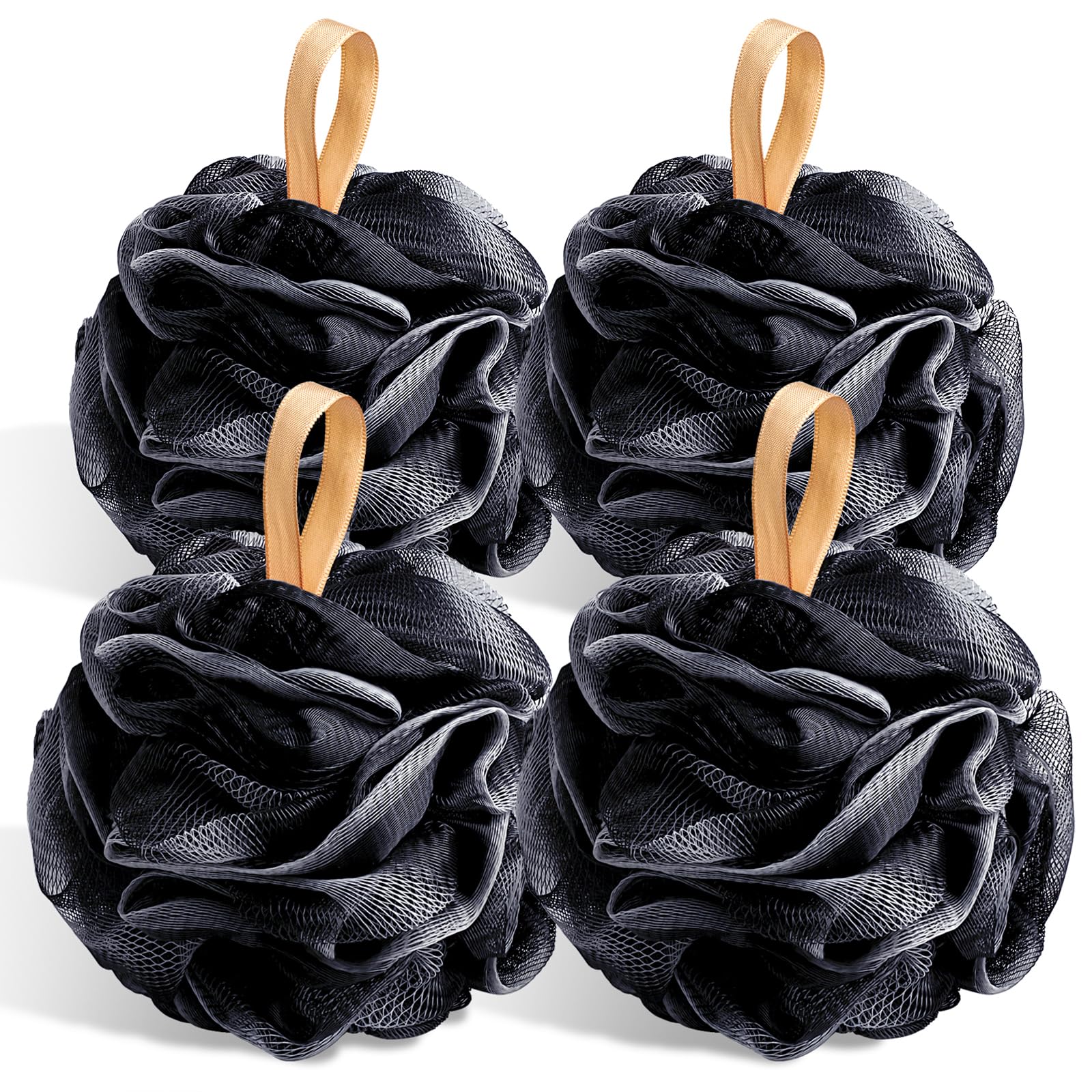 Fishent Loofah Bath Sponge Shower Loofahs, 4 Pack Soft Loofa Exfoliating Body Scrubber Mesh Shower Puff Pouf Ball Luffa for Men and Women(50g/pcs) (Black)