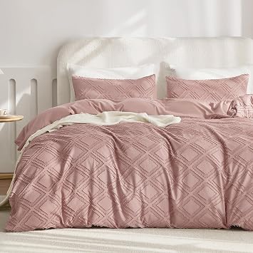 JELLYMONI Duvet Cover Queen Size Smokey Pink - 3PCS Boho Duvet Cover Set Plaid Polyester Tufted Bohemian Jacquard Knit Textured Comforter Cover 9090in Rhombic Geometric Pattern Zipper Corner Tie