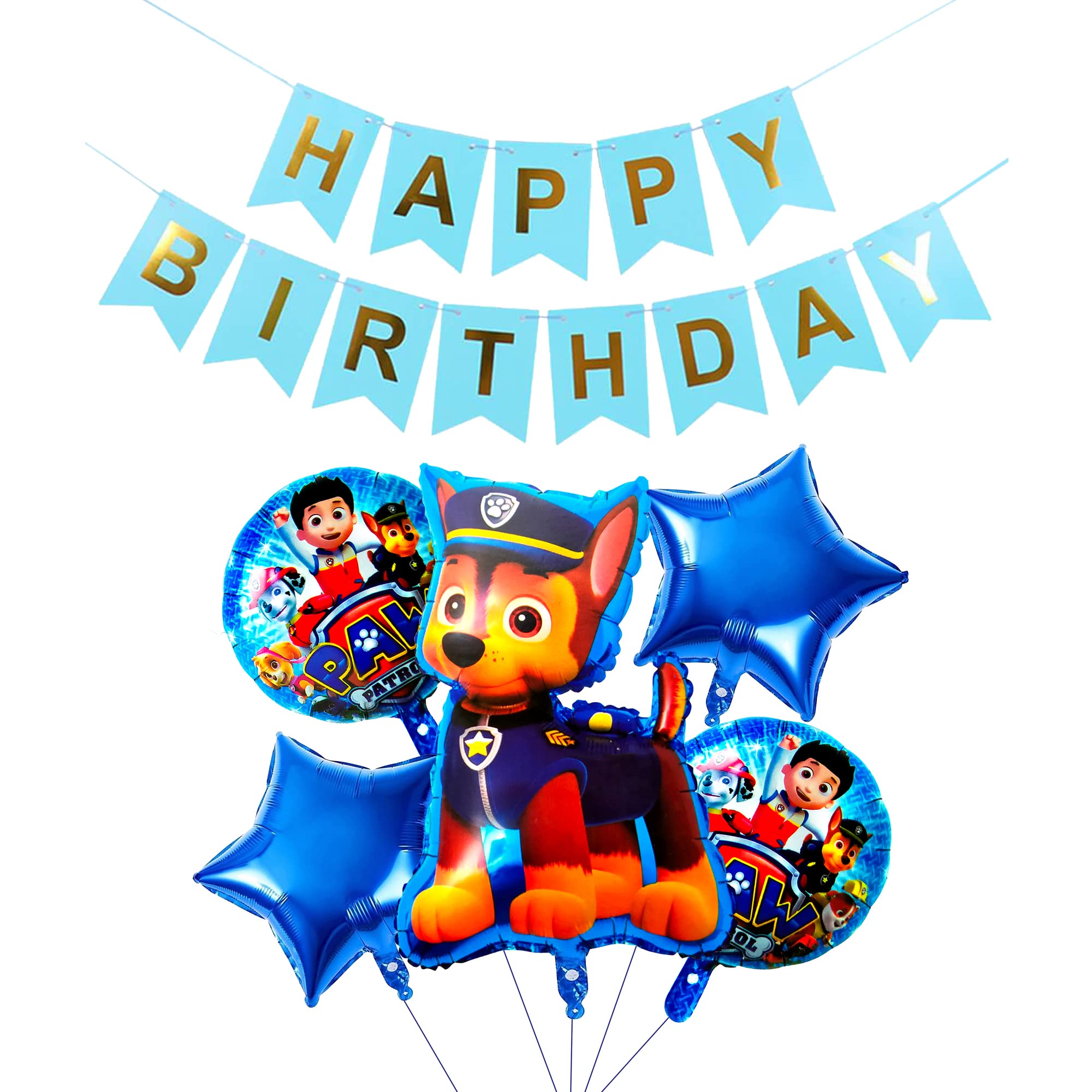 Propsicle Paw-Ptrol Foil Balloon Pack of 5 with Happy Birthday Blue Fishtail Flags Pack of 1 Baby Birthday Party Supplies Item