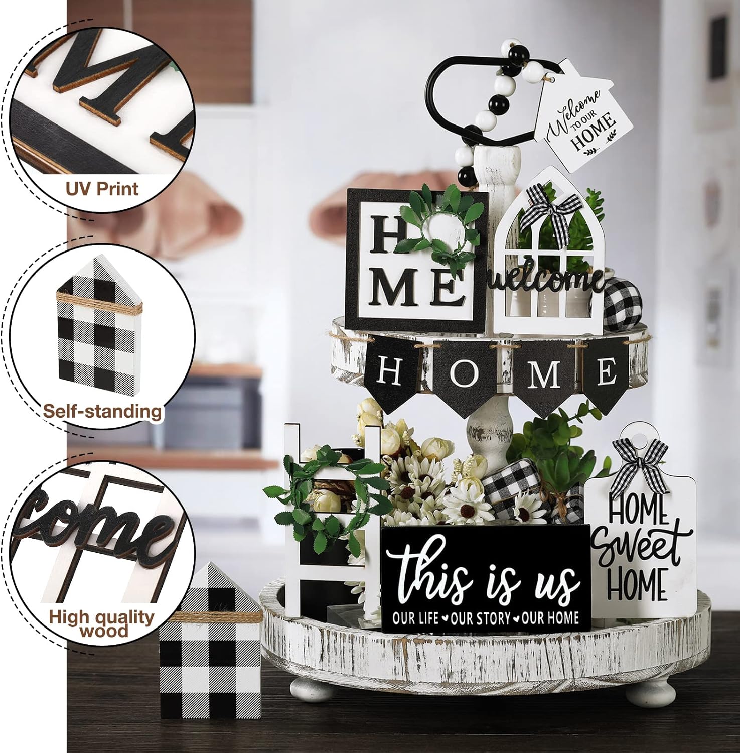 Two Tiered Tray with 11 Pcs Wooden Signs, Farmhouse Tiered Tray Decor Set Rustic Wood Home Kitchen Table Stand Decor Decorative Table Shelf Centerpiece(Plaid Style)