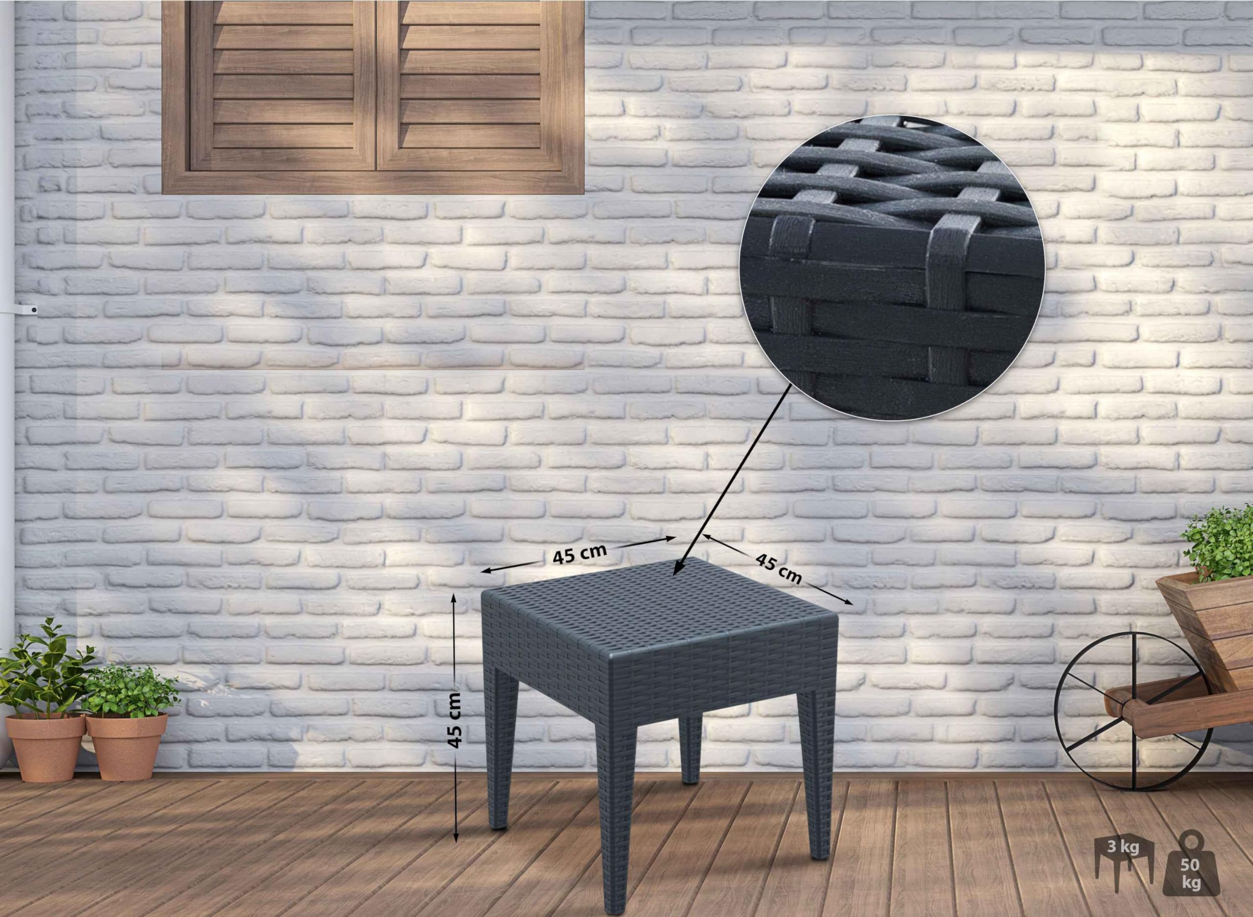 CLP Tavolo da Giardino Miami in plastica I Tavolino impilabile in Rattan I Tavolo da Salotto per Esterni, Colore:Grigio Scuro, Dimensione:45 x 45 cm