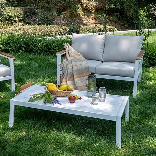 Miniatura 7 de Juego de muebles de patio para exteriores, sofá biplaza de aluminio de 2 plazas con cojines beige, juego de conversación para todo tipo de clima