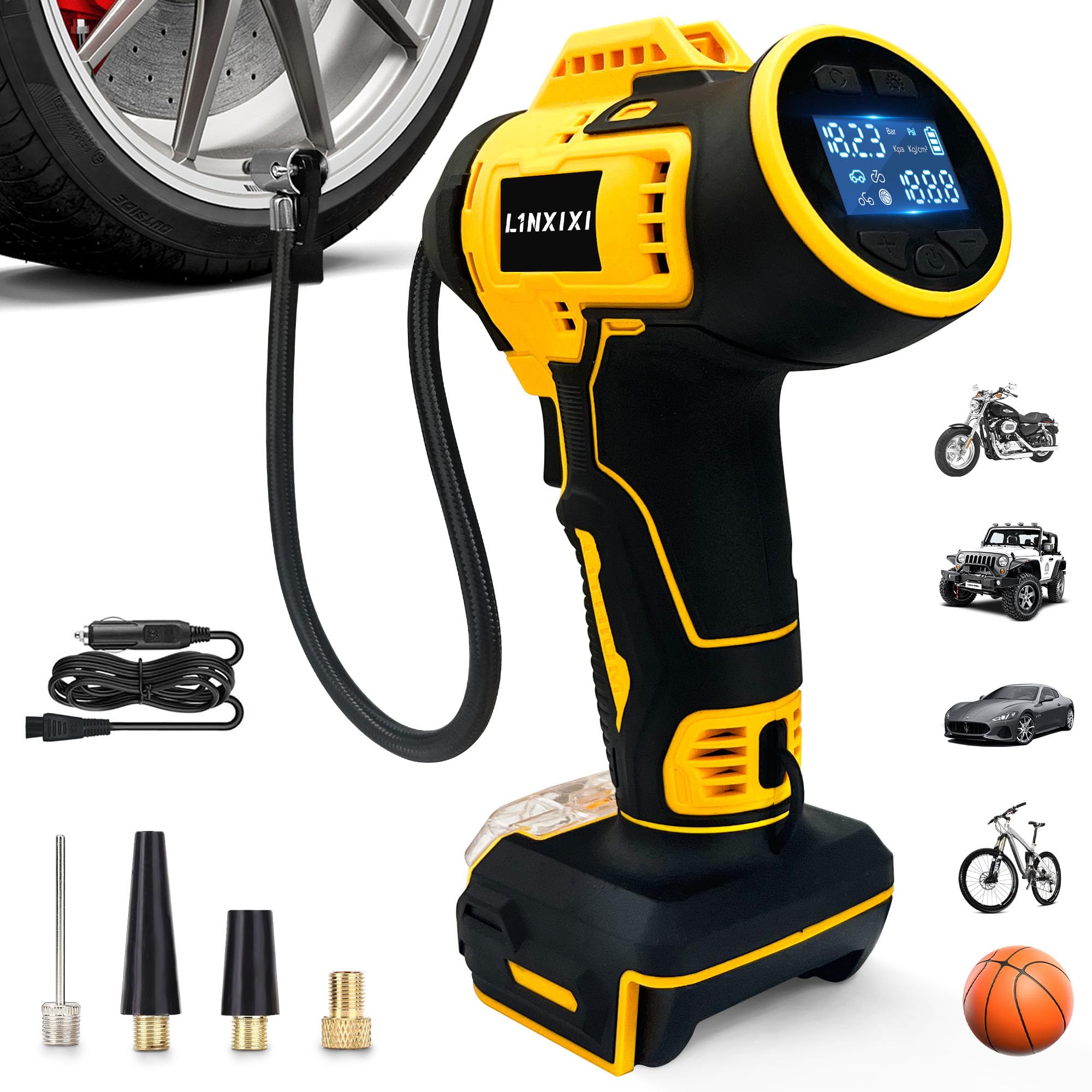 Akku Kompressor für De-Walt 18V Akku Autoreifen Luftpumpe | 160PSI/11bar Tragbare Luftkompressor mit LCD-Display, mit 12V Autostromkabel für Auto, Motorrad, Fahrrad, Ball(Ohne Akku)