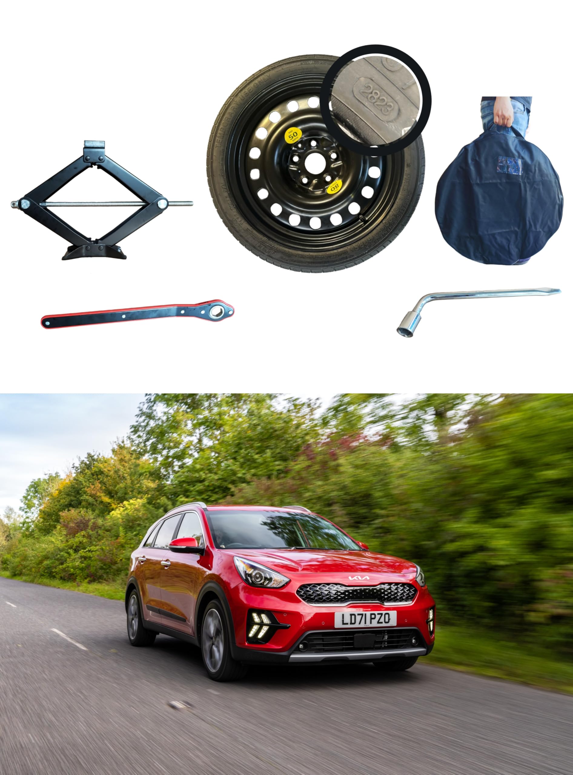 Kit Roue de secours "Galette" 16" compatible avec Kia Niro avec Cric, Clé et Sac