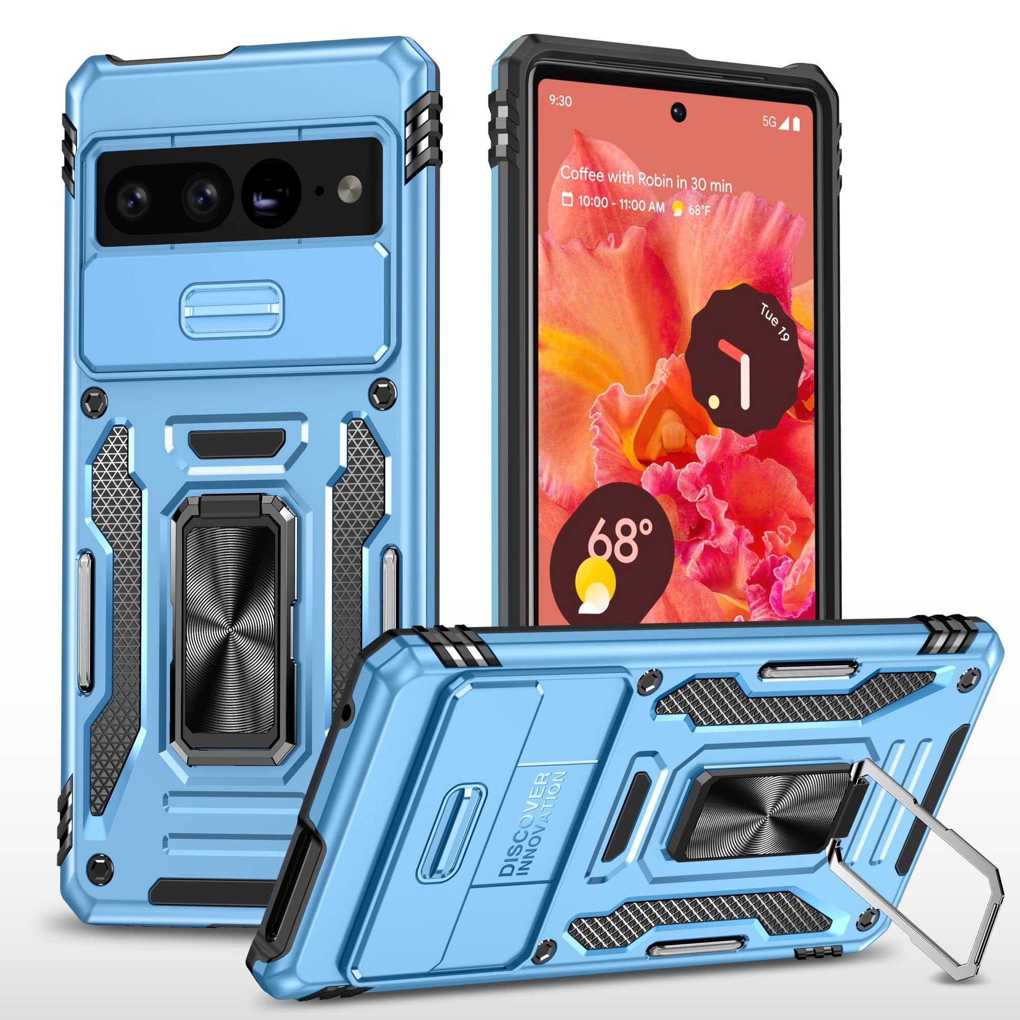 SHOCK PROOF® Back Cover Compatible for Google Pixel 7 PRO Slim Slide Camera Lens Closer Case Built-in 360° Rotate Ring Stand - Sky Blue