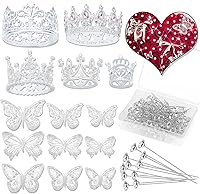 YOUlDIANZI Silver Flower Bouquet Crowns & Accessories: 5 Mini Cake Toppers, 36 3D Butterflies, 100 Crystal Pins for Weddings