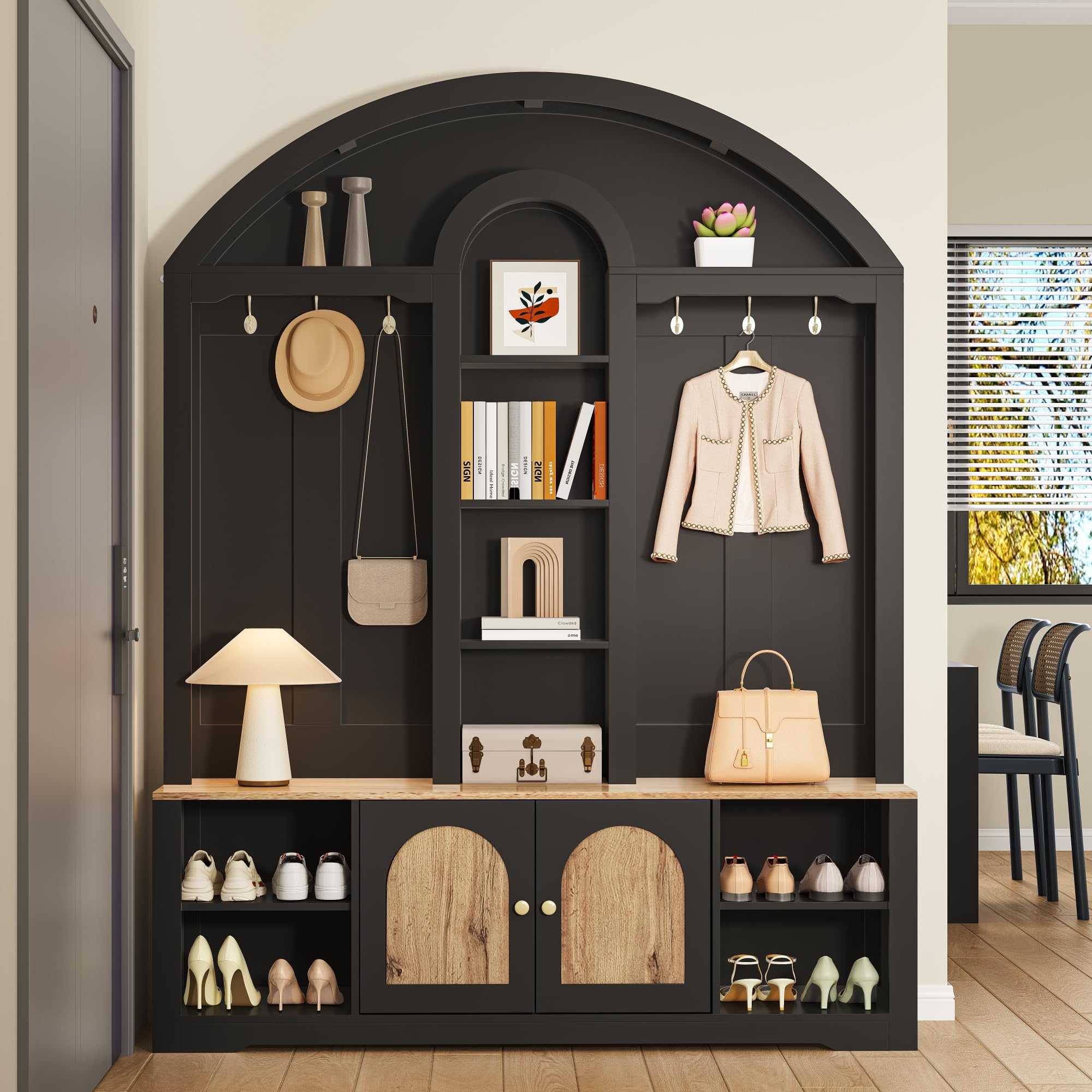 Armadio multifunzione nero 150 x 200 cm, con scarpiera, ripiani e ganci, in robusto MDF dal design moderno e pratico spazio di archiviazione