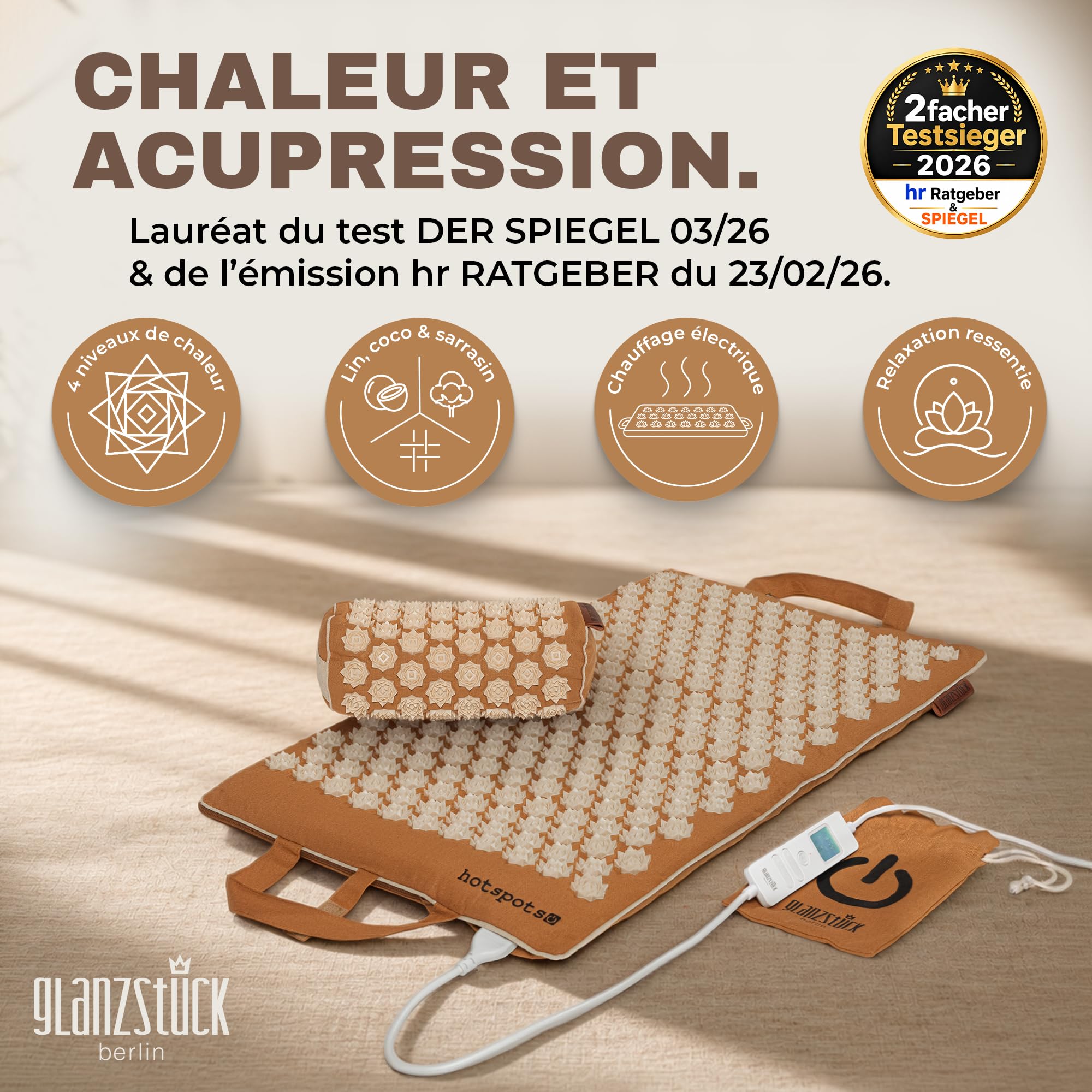 Glanzstück Berlin® Tapis d'acupression chauffant – Hot Edition avec fonction de chaleur et 4 niveaux de chaleur, kit avec traversin de nuque, 6 850 pointes de fleurs pour le dos et le cou | 72 × 42 cm