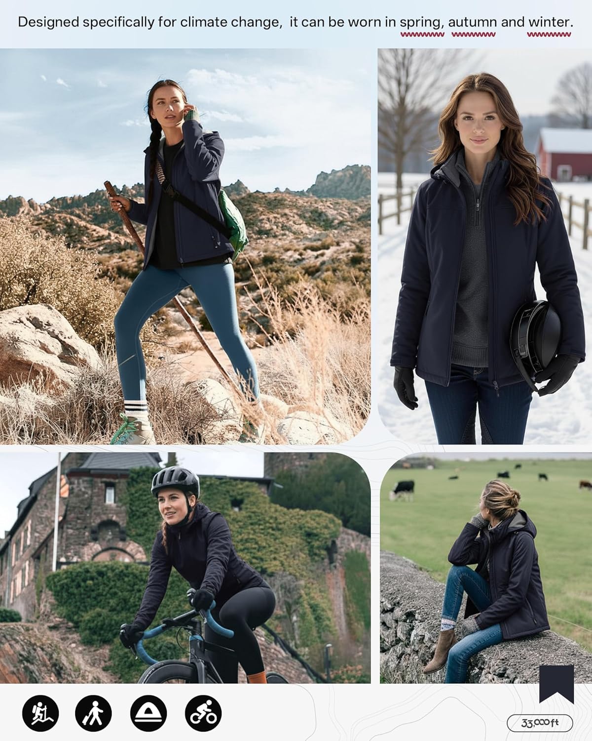 33,000ft Women's Waterproof Softshell Jacket with Removable Hood Lightweight Fleece Lined Warm Insulated Rain Windbreaker - Image 2