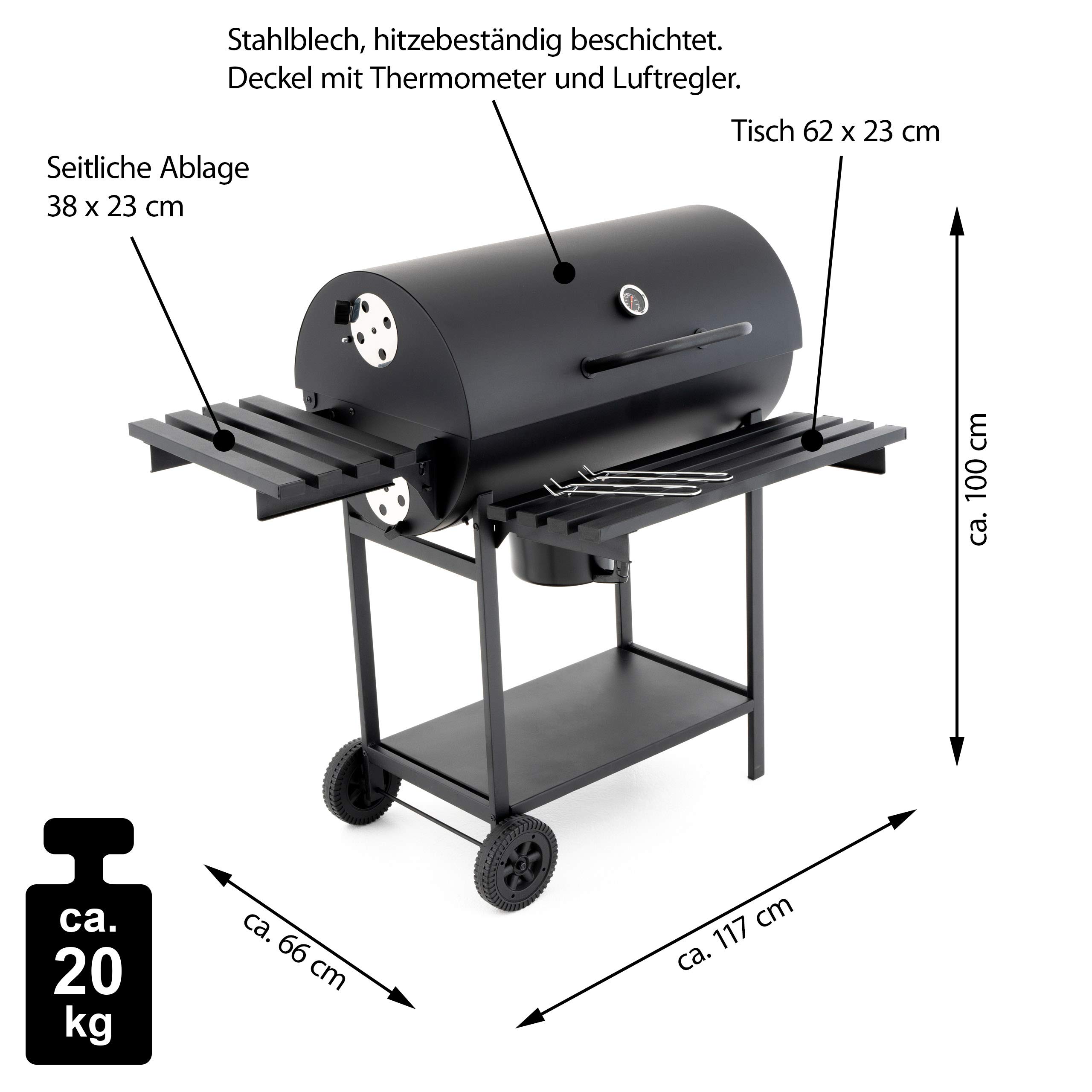 Nexos Trading Grillwagen Holzkohlegrill Gartengrill BBQ Smoker 4-beinig 62cm Grillfläche Klapp-Deckel mit Thermometer massiv Stahlblech klappbare Ablageflächen Thermometer