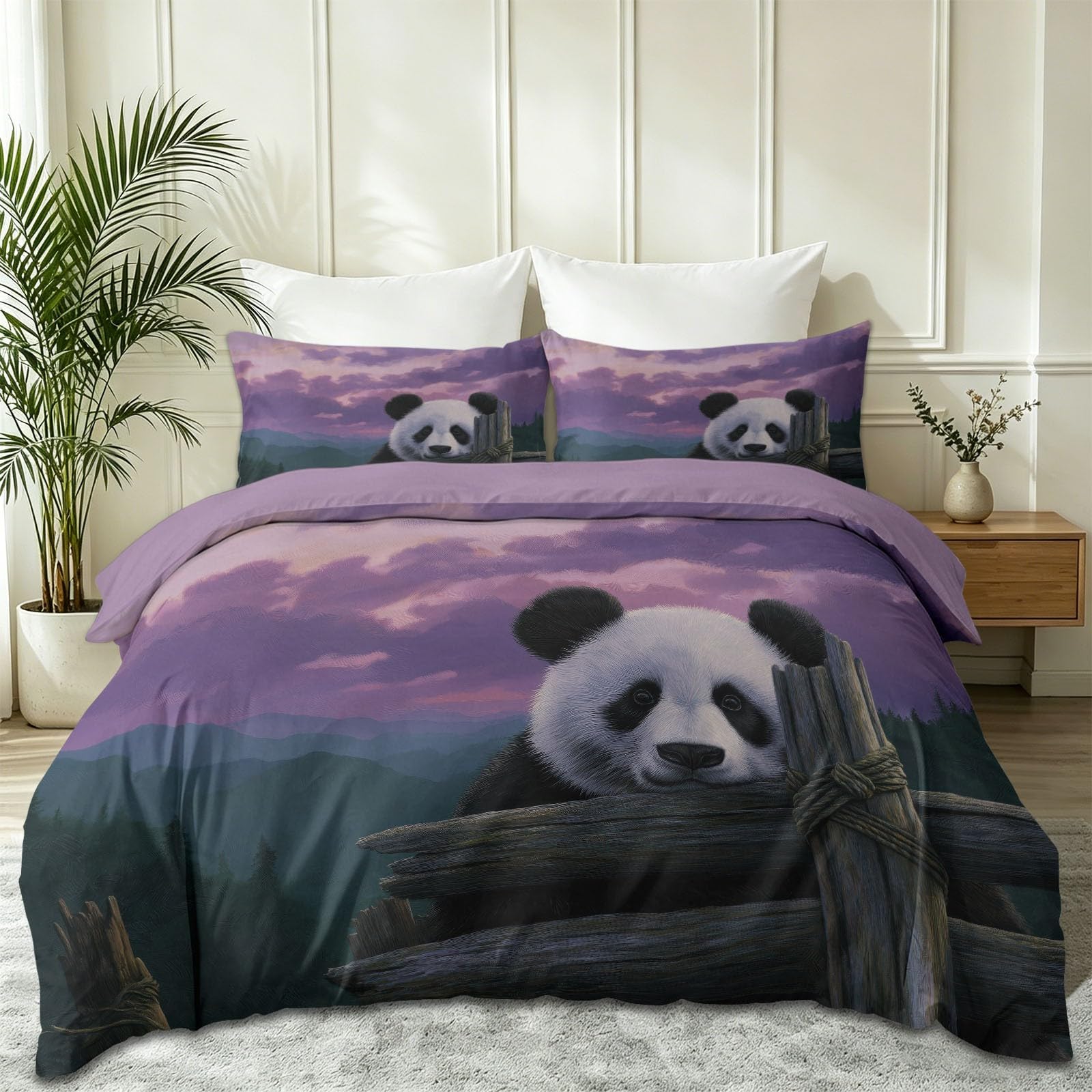 Housse de couette 220x240 fermeture éclair pratique et motif panda violet pour lit double
