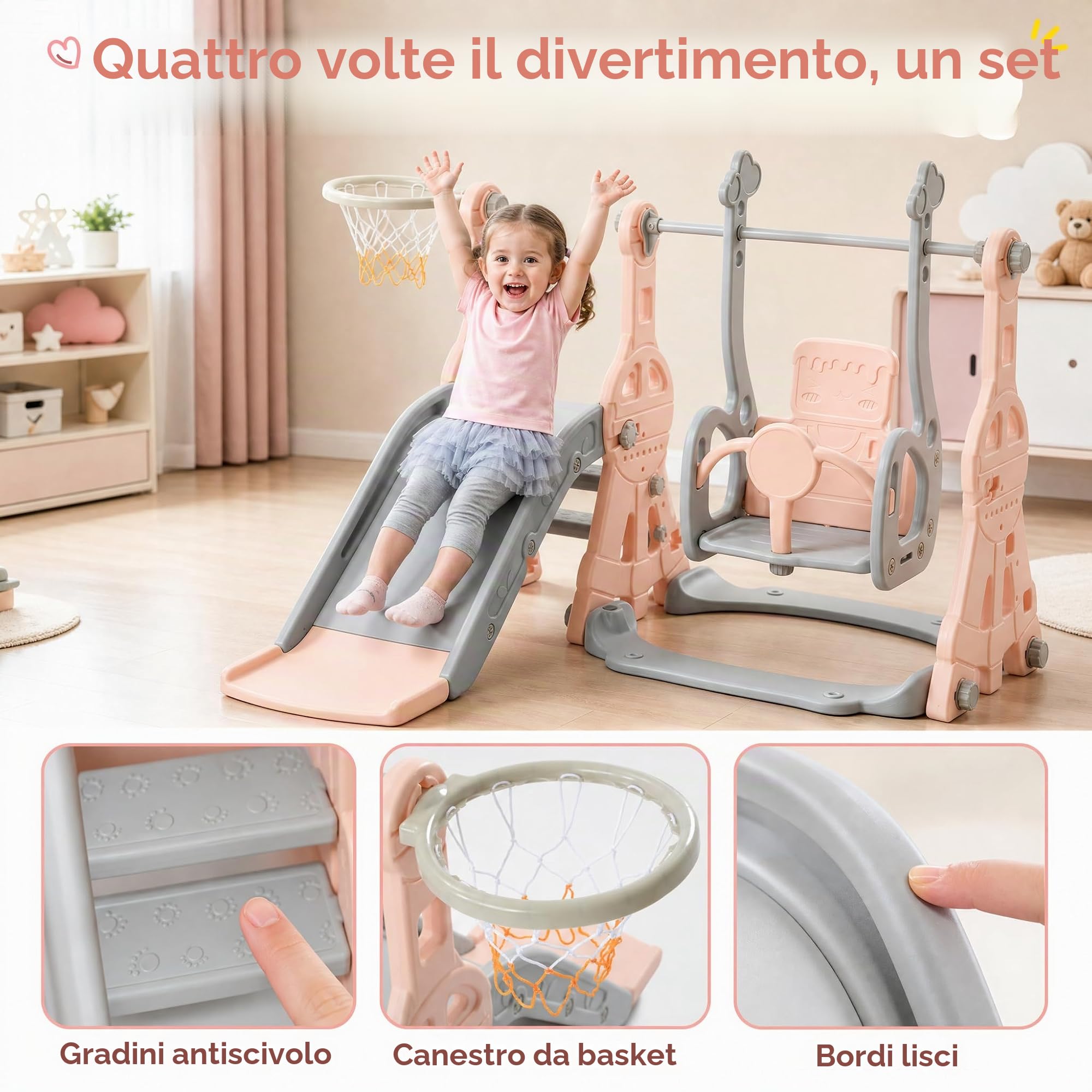 Scivolo per bambini per esterni, 4 in 1, con scivolo, altalena, struttura per arrampicata, canestro da basket, per interni ed esterni, scivolo autoportante, parco giochi per bambini piccoli