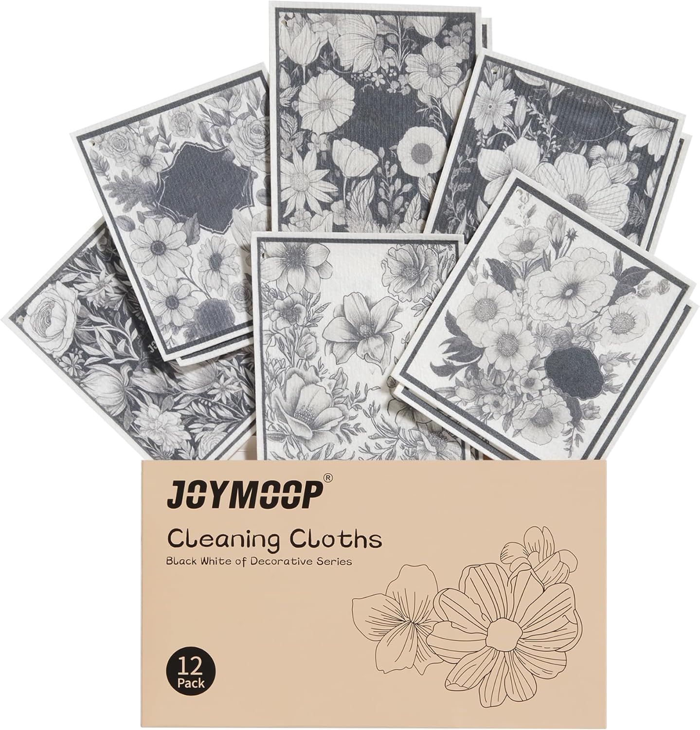 JOYMOOP 12 Pack Decorate Cleaning Cloth (Black White of Decorative Series), Reusable Absorbent Dish Towels, Non-Scratch Washable Rags for Cookware, Kitchen and Household Cleaning – 6.7×7.9 inch