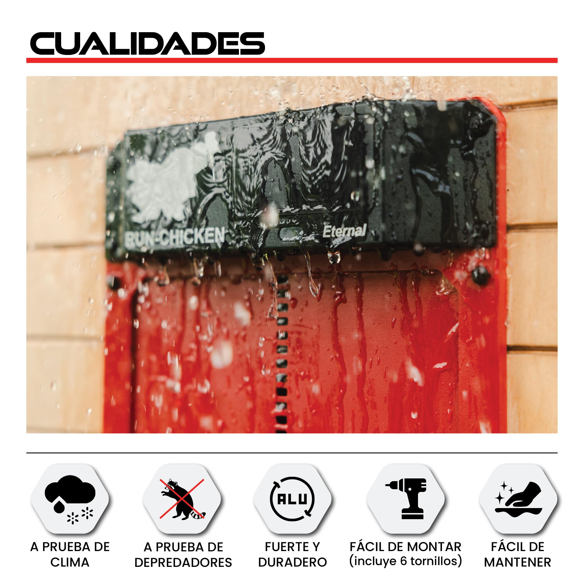 Run‑Chicken Door Eternal Roja – Puerta automática roja para gallineros con energía Solar, batería Recargable de Larga duración, Control por App, Sensor de luz y Aluminio Resistente para Exteriores