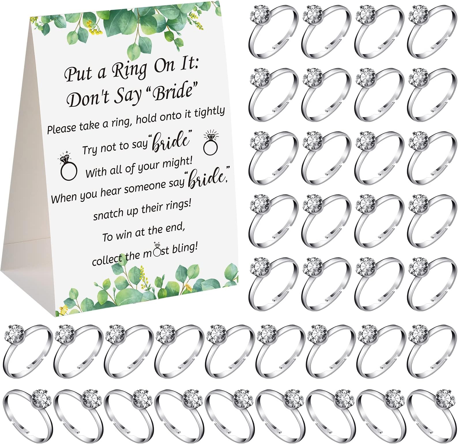 Woanger Put a Ring on It Bridal Shower Game with 50 Fake Rings, Rustic Greenery Theme Wedding Shower Games Wedding and Engagement Rings and Not Say Bride Rules Cards(Leaves,Silver)