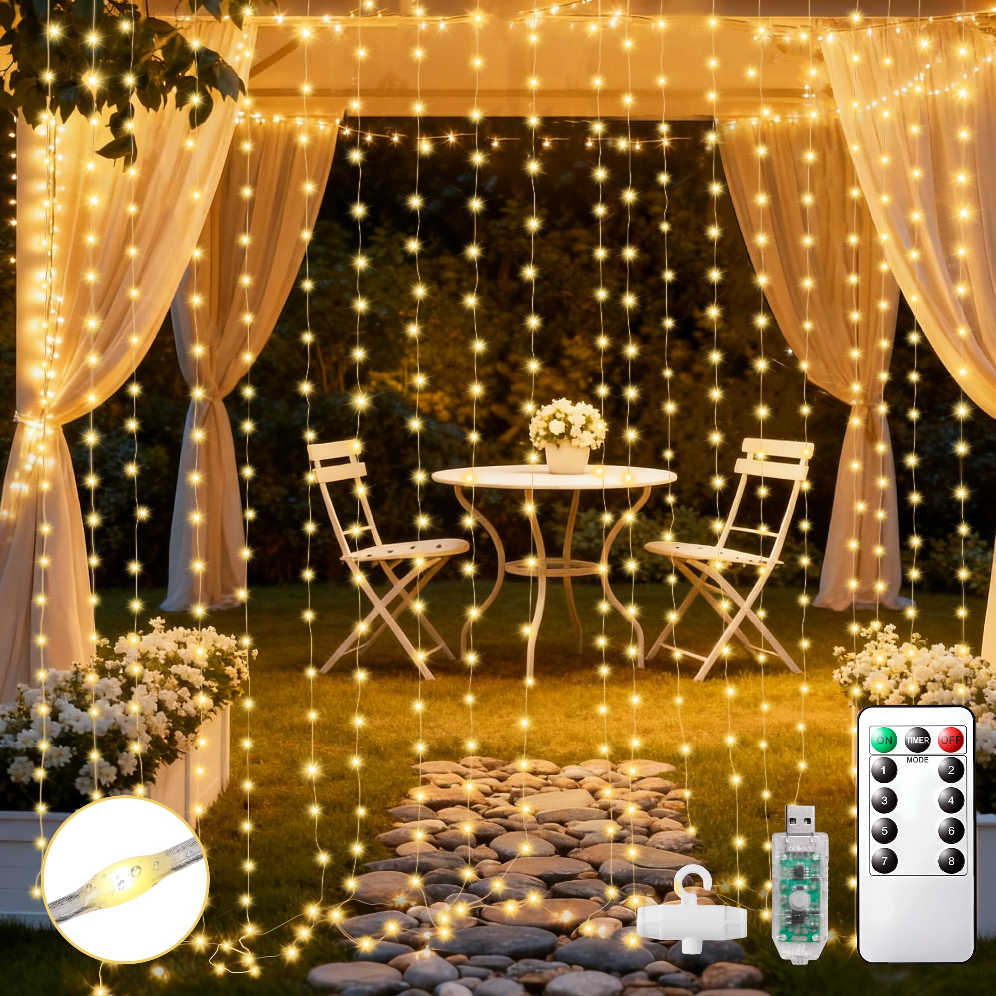 Curtain String Lights 9.8x9.8FT - 300 High-Brightness Fairy Lights with Remote, 8 Modes, Timer, Durable Wires, USB Powered & IP44 Waterproof - Perfect for Wedding, Party, Bedroom Indoor/Outdoor Décor
