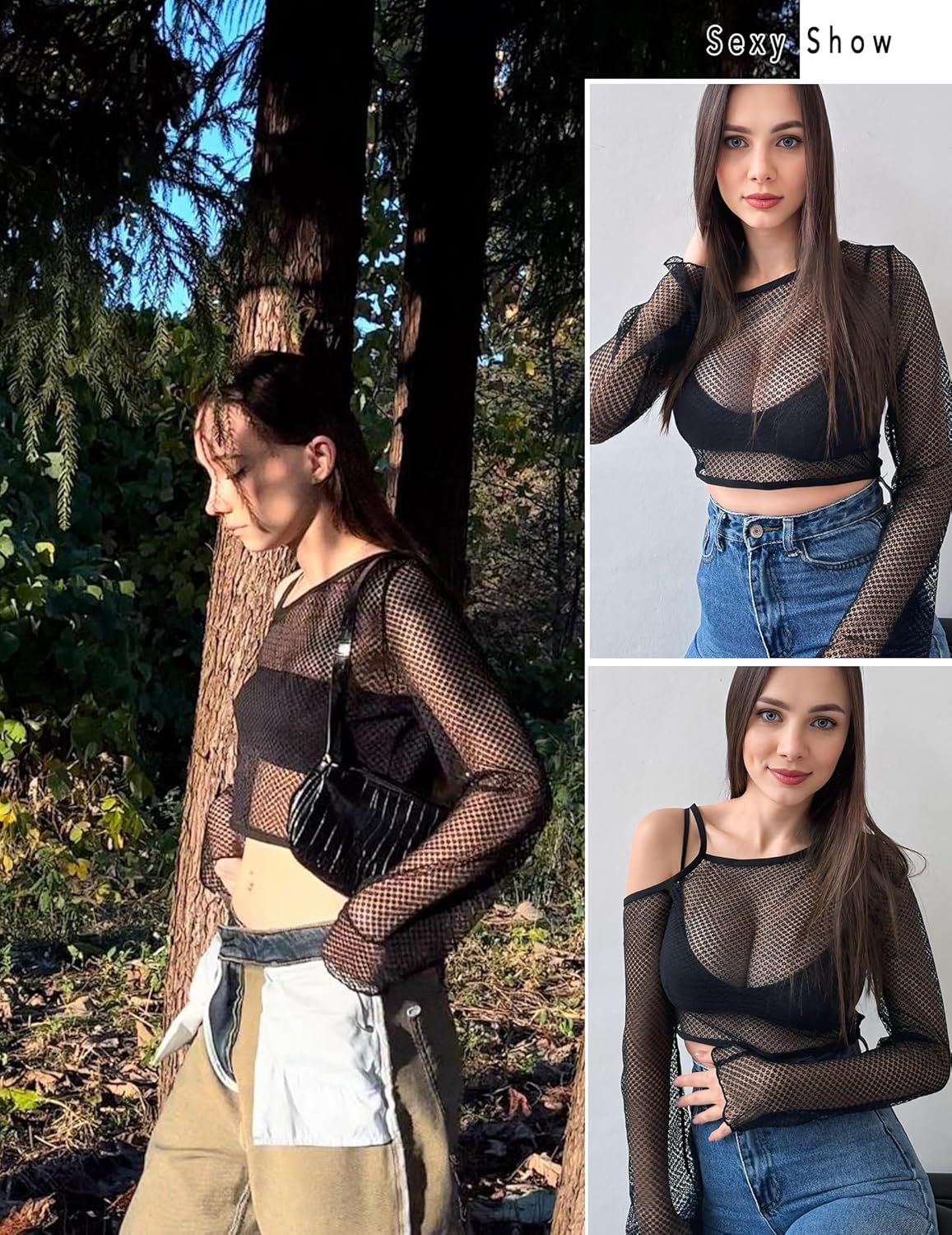 Avidlove Mesh Crop Tops for Women Long Sleeve Fishnet Shirt See Through Tops Rave Outfits Party Clubwear - Image 5