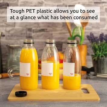 TEC 500ml Juice Bottles With Lids 30% Recycled Clear Pet Plastic UK Made