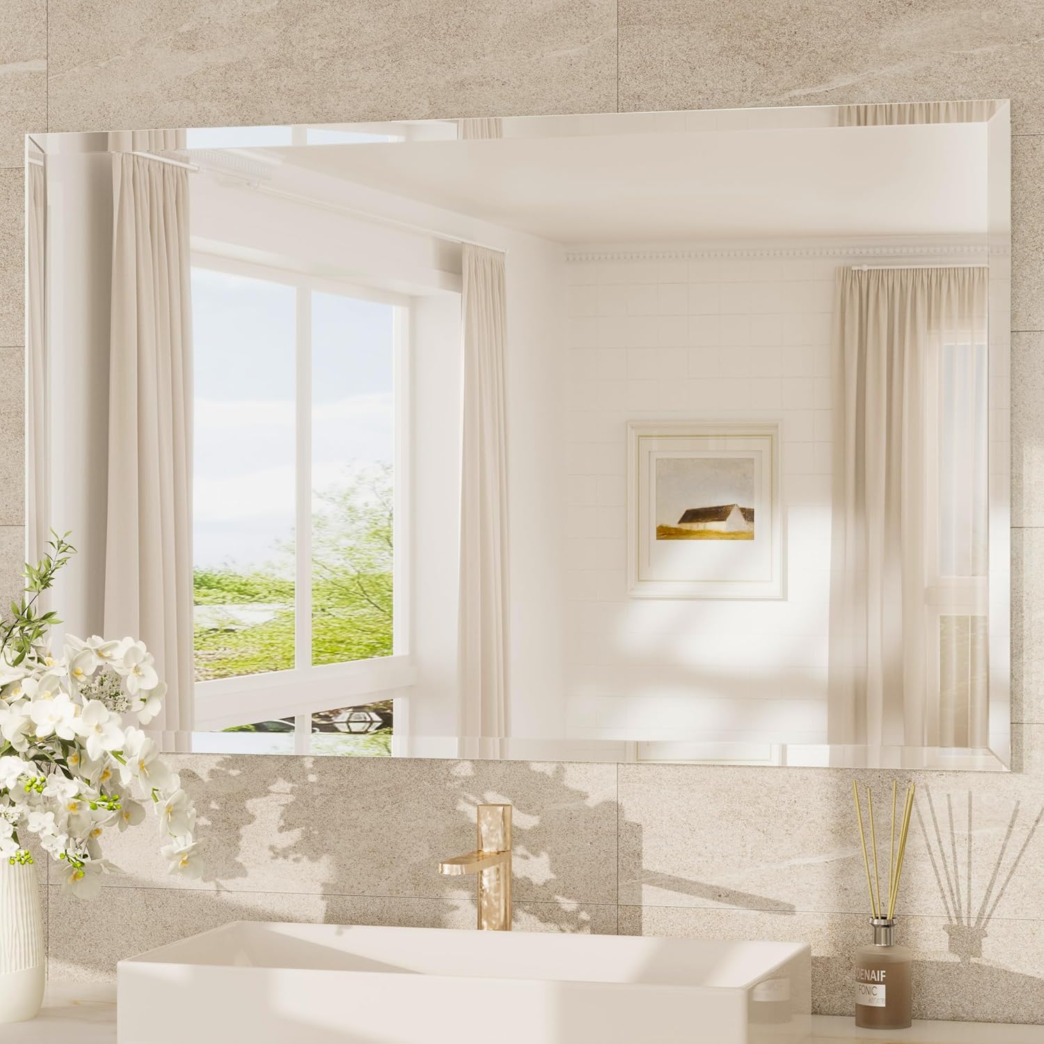 TokeShimi 48x30 Frameless Bathroom Mirror Rectangle, Tempered Beveled Mirror for Bathroom Vanity with 1" Beveled Edge, Shatterproof Modern Wall Mirrored for Living Room, Entryway, Restroom 30"L x 48"W Rectangle Shaped