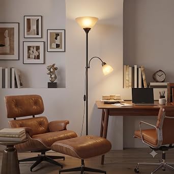 Modern 2-in-1 Floor Lamp with Reading Light, Black Metal Standing Lamp with Black Shades for Living Room, Bedroom & Office, 360-Degree Rotating Legs, Bulbs Not Included 1, Black