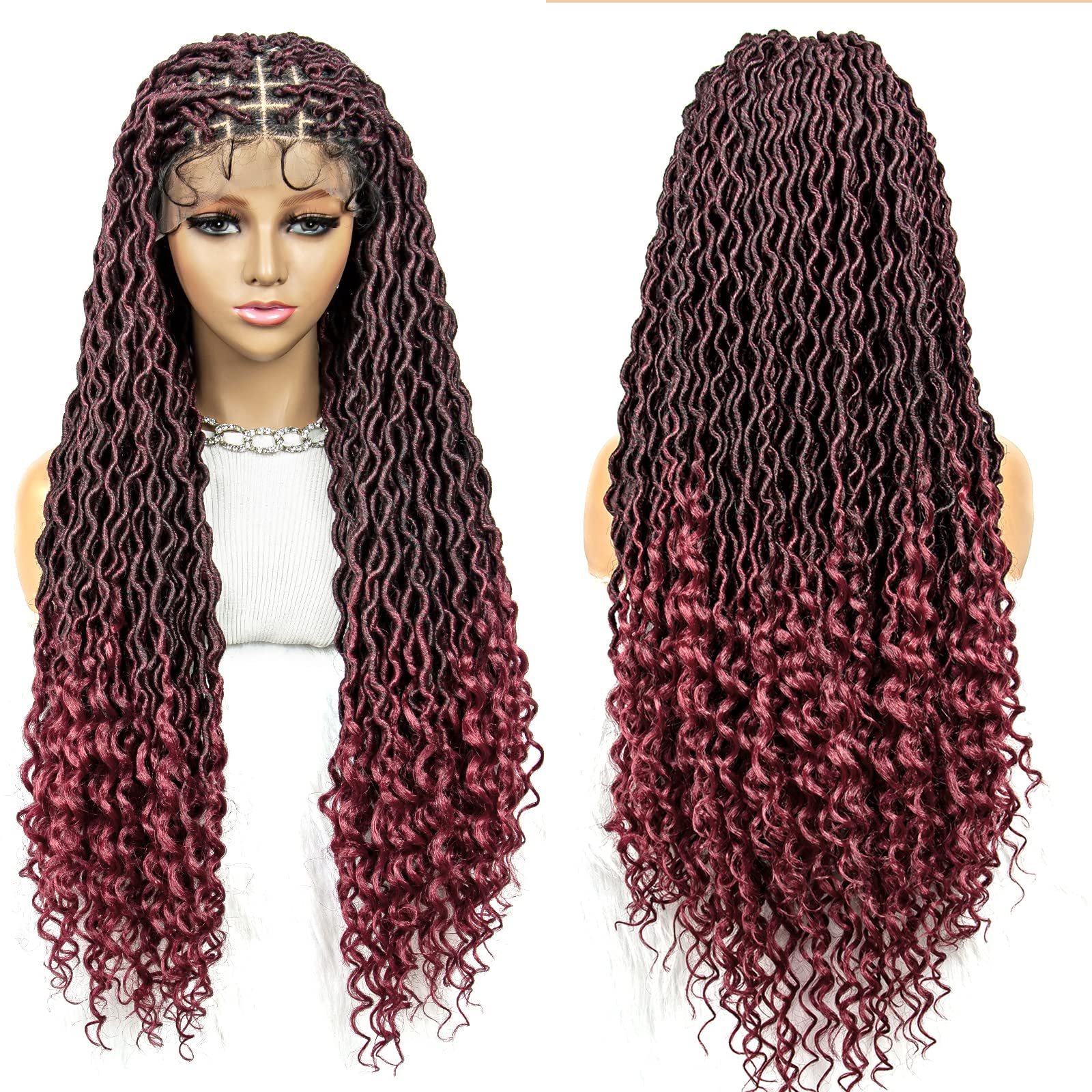 sedittyhairBraided Wigs for Black Women 32 inch Burgundy Color Synthetic Lace Front Wig With Baby Hair Braided Wigs Knotless Box Braids Wigs Curly Water Wave Dreadlocks Wigs (1B/BUG Color)