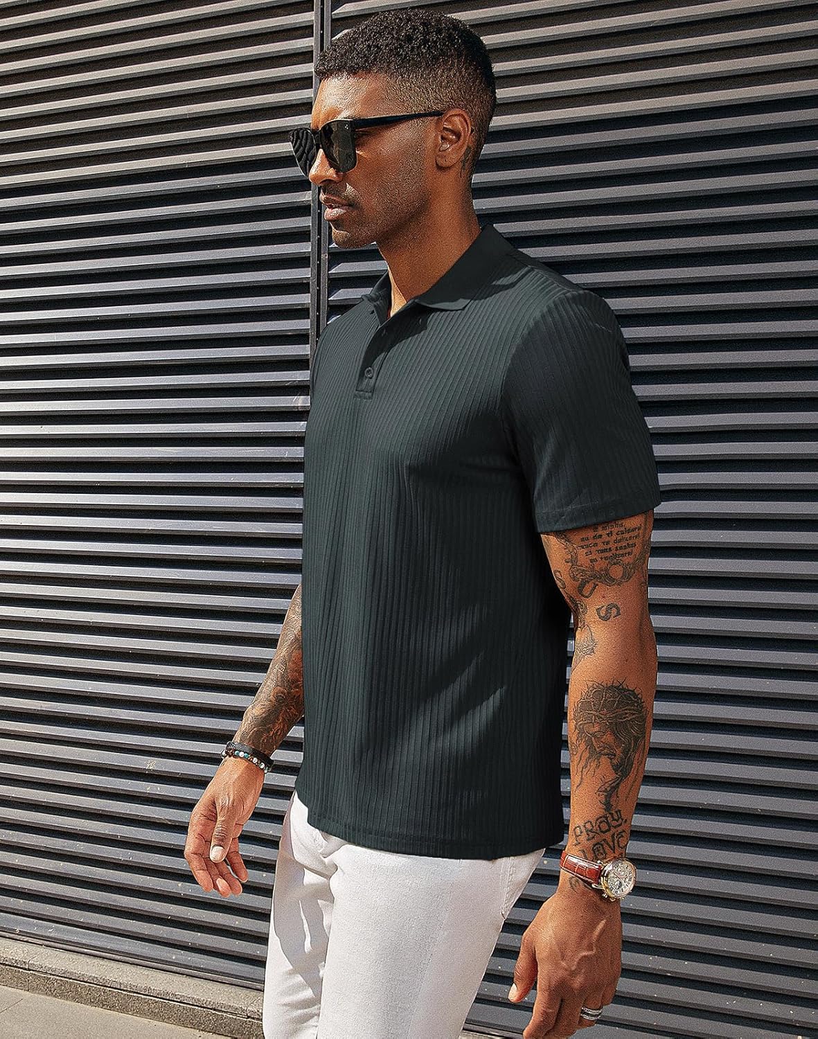 PJ PAUL JONES Mens Short Sleeve Texture Polo Shirts Casual Wrinkle Free Stretch Knit Golf Shirt Tops - Image 3