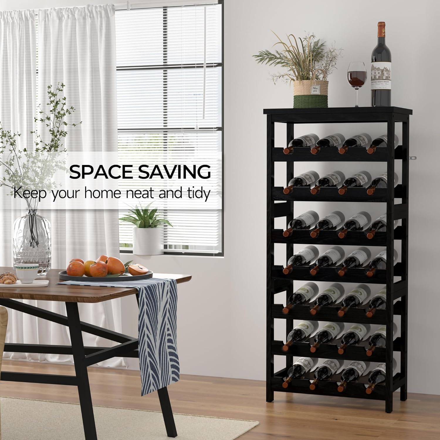 28-Bottle Wine Rack Free Standing Floor, Solid Wood 7-Tier Display Wine Storage Shelves with Tabletop, Wobble-Free Bottle Holder for Cellar Kitchen Bar Dining Room Living Room