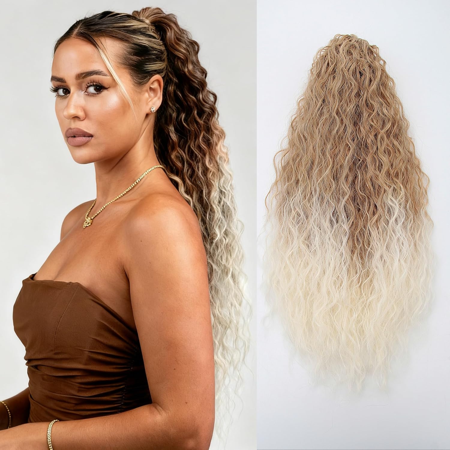 QRHSUKA Ponytail Extension 20 Inch Drawstring Ponytail for Women Omber Blonde Long Curly Wavy Pony Tail Hair Extensions Fluffy Natural Looking Synthetic Hairpiece for Daily Use (T27/613, 20 Inch)