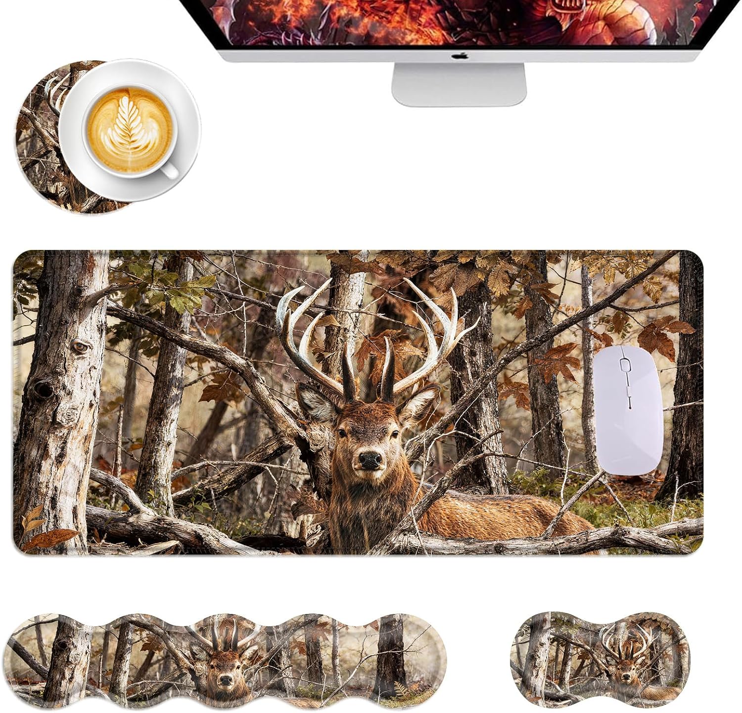 Mouse Pad,Large Desk Mat Set, 4in1 XL Mousepad + Keyboard Wrist Rest+Mouse Wrist Rest+Coaster with Ergonomic Desk Pad for Home Office Table Computer Cover -Camo Forest Deer