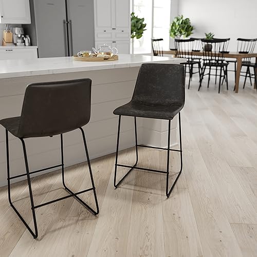 Merrick Lane Carrollton - Taburetes de asiento tipo cubo de piel sintética de 24 pulgadas, color gris oscuro, juego de 2