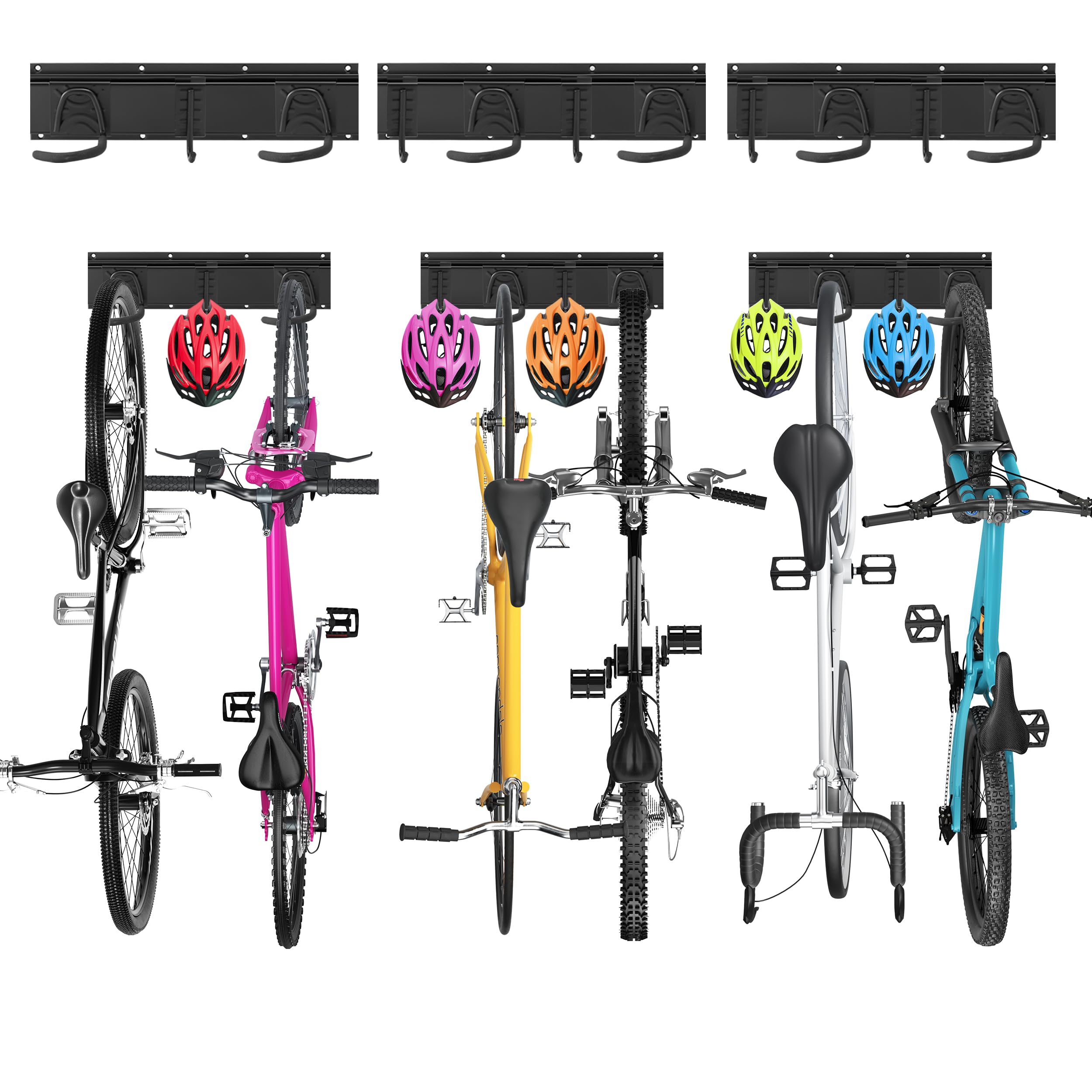 Sinoer fietswanddrager, wandhouder voor 4 fietsen 3 helmen, verstelbare gereedschapsophanghaak voor garage of huis, verticale fietshanger ( binnenbreedte: 90 mm) - 2 rails