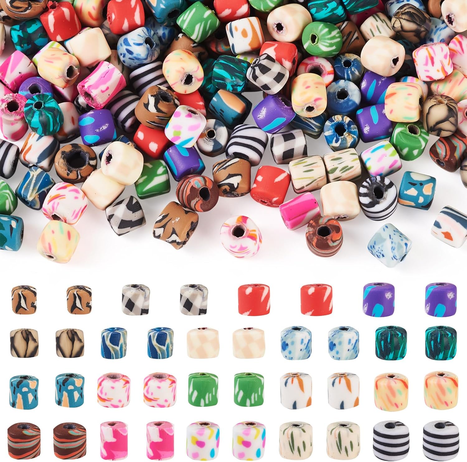 190 Pcs 19 Styles Clay Column Beads Tube Printed Beads Cylinder Loose Spacer Craft Beads Bulk for Bohemian Jewelry DIY Friendship Bracelet Women Necklace Earring Accessory,5.5-7 mm