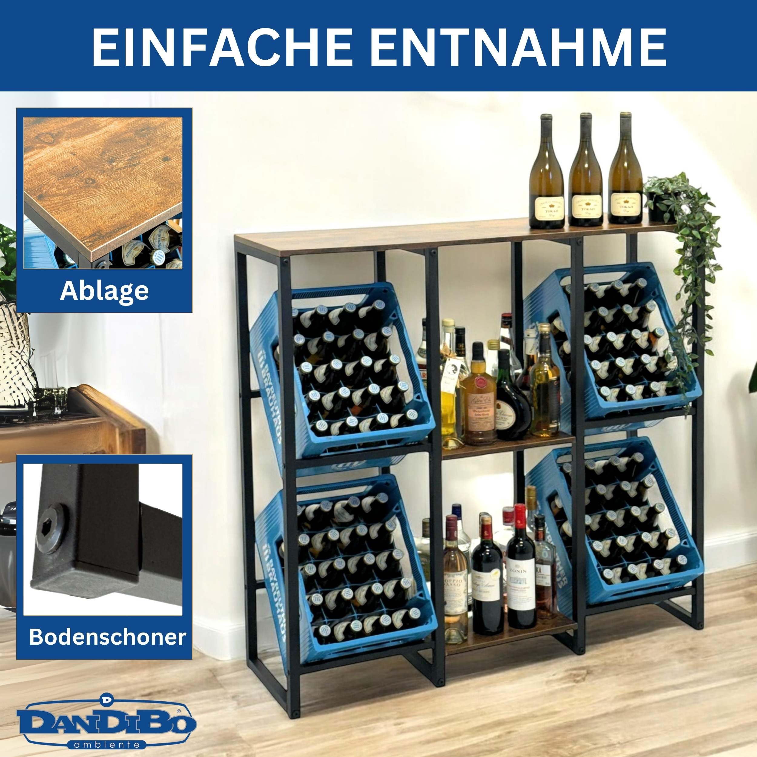 DanDiBo Getränkekistenregal 4 Kisten mit Ablage Holz Metall 96564 Getränkeregal Kistenregal Getränkekistenhalter