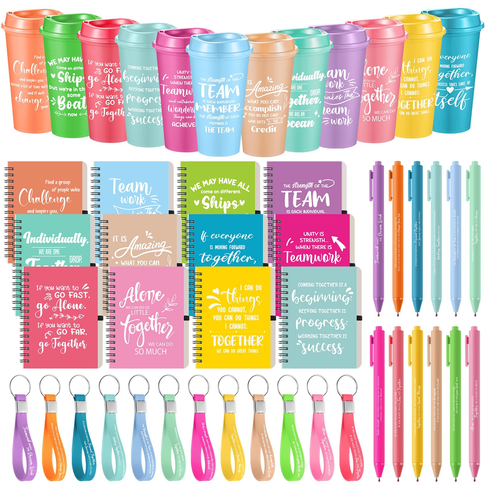 Skylety 12 Set/48 Pcs Team Appreciation Gift Set Inspirational Employee Appreciation Gift Bulk 16 oz Coffee Cups with Team Notebook Pen Keychains for Staff Teacher (Vibrant Color)